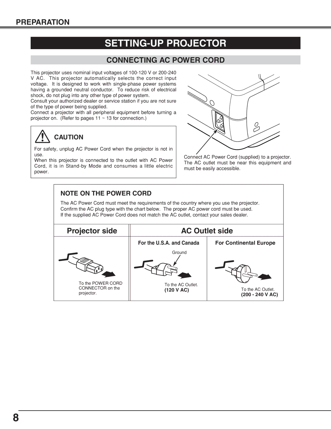 BOXLIGHT CP-18t manual SETTING-UP Projector, Connecting AC Power Cord, For Continental Europe 