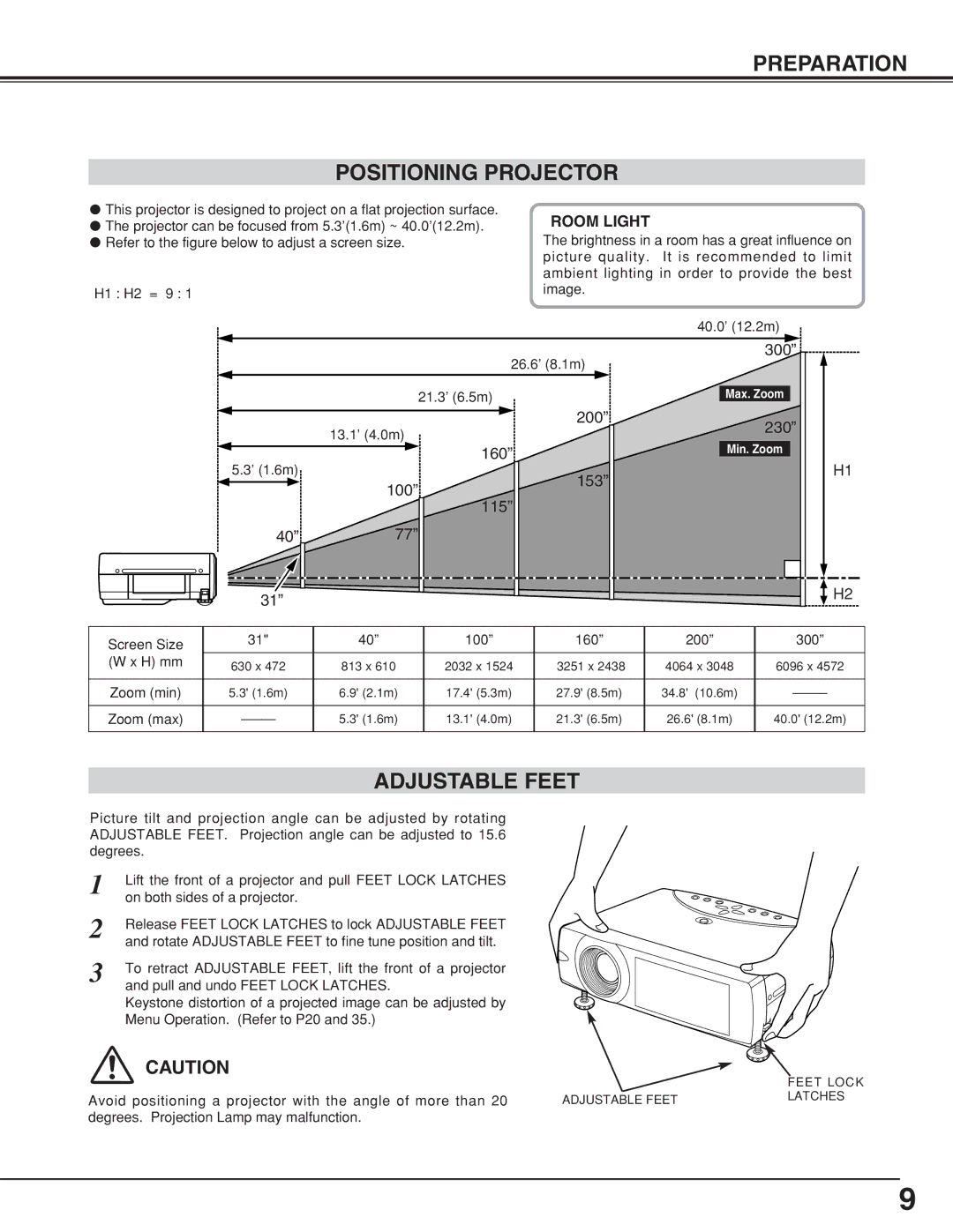 BOXLIGHT CP-18t manual Preparation Positioning Projector, Adjustable Feet, Room Light 