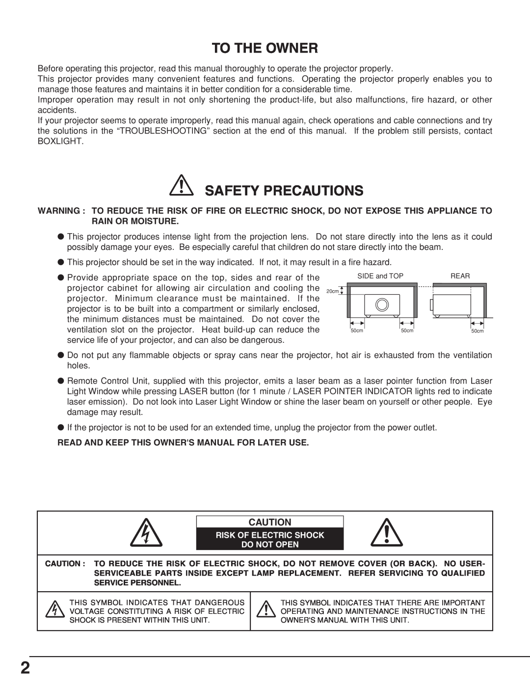 BOXLIGHT CP-18t manual To The Owner, Safety Precautions, Read And Keep This Owners Manual For Later Use 