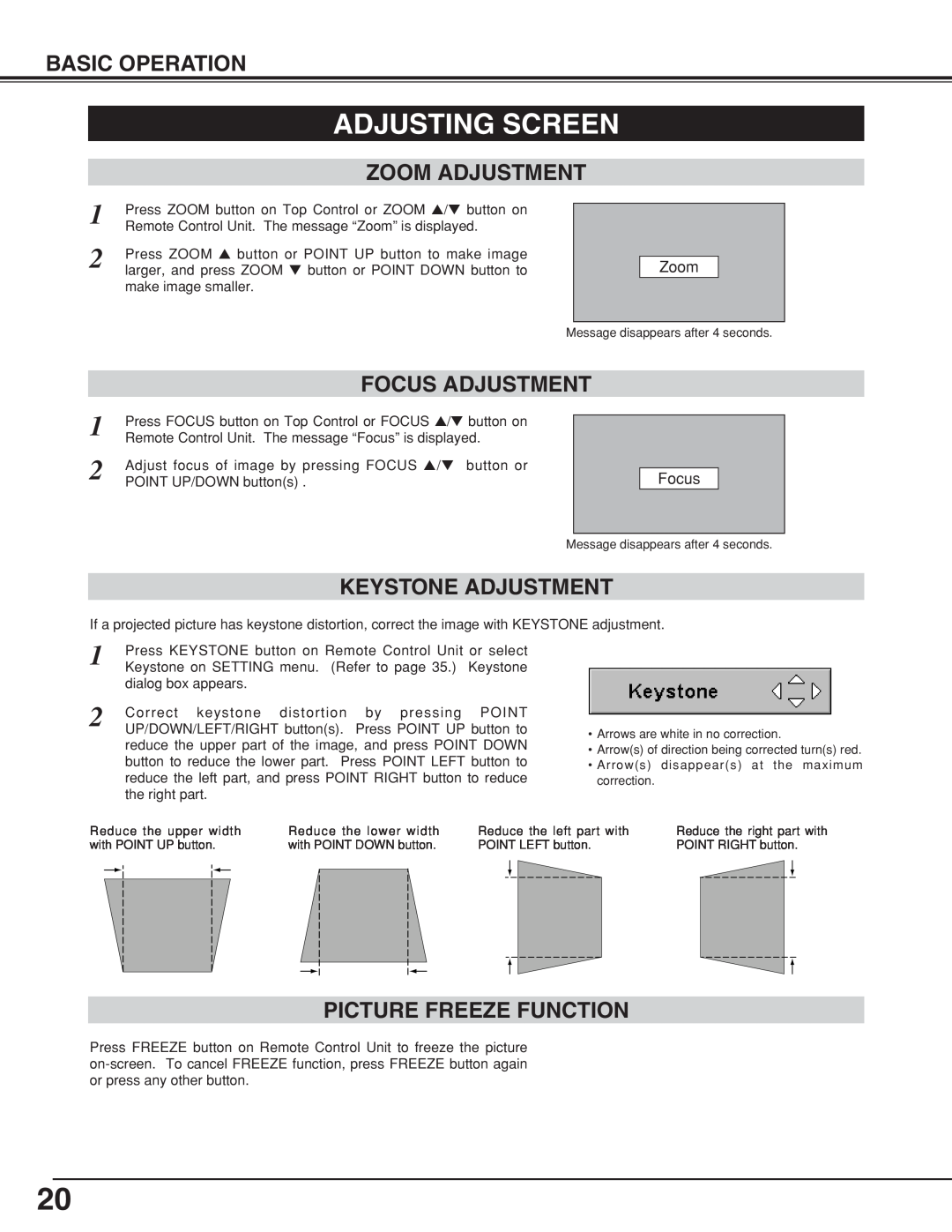 BOXLIGHT CP-18t manual Adjusting Screen, Zoom Adjustment, Keystone Adjustment, Picture Freeze Function, Focus Adjustment 