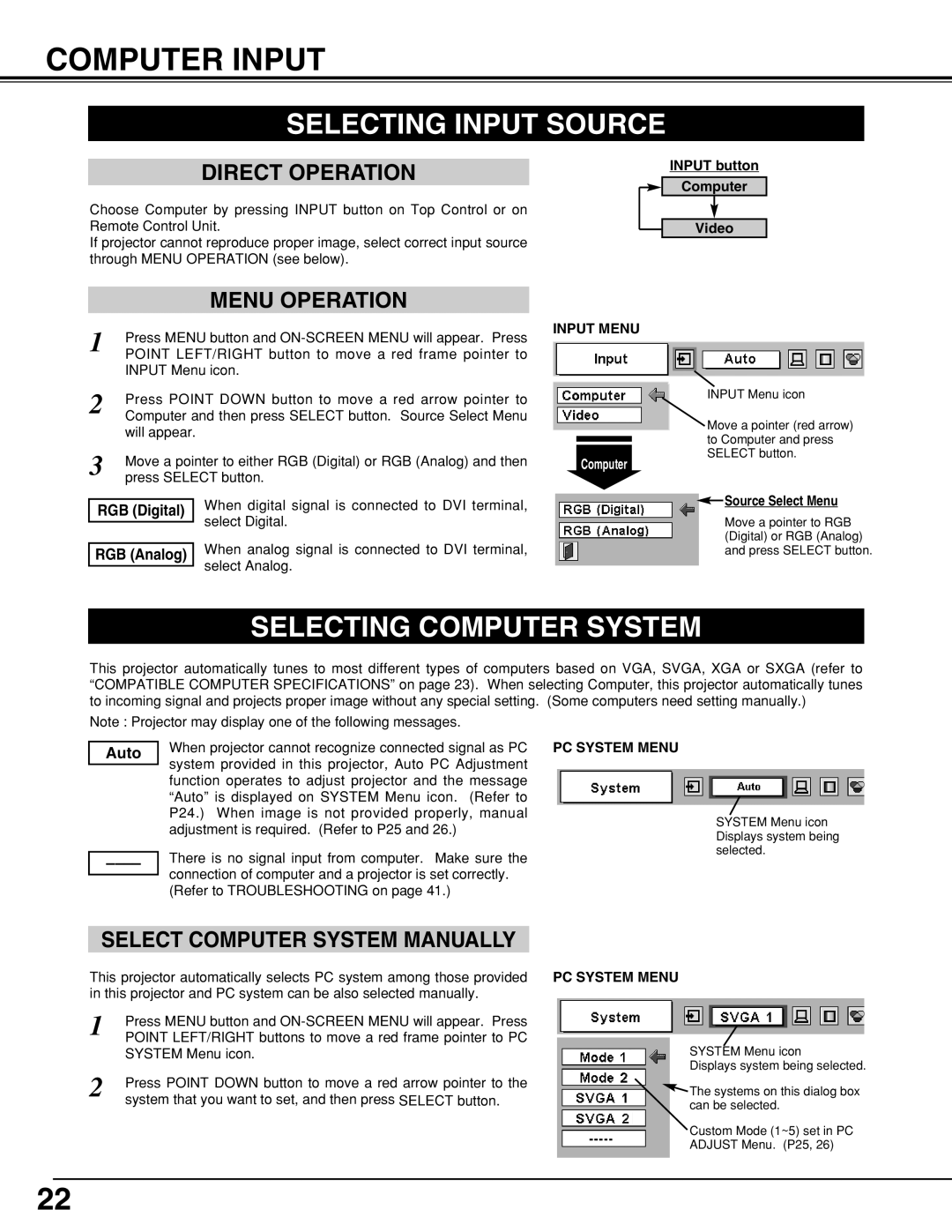 BOXLIGHT CP-18t manual Computer Input, Selecting Input Source, Selecting Computer System, Select Computer System Manually 