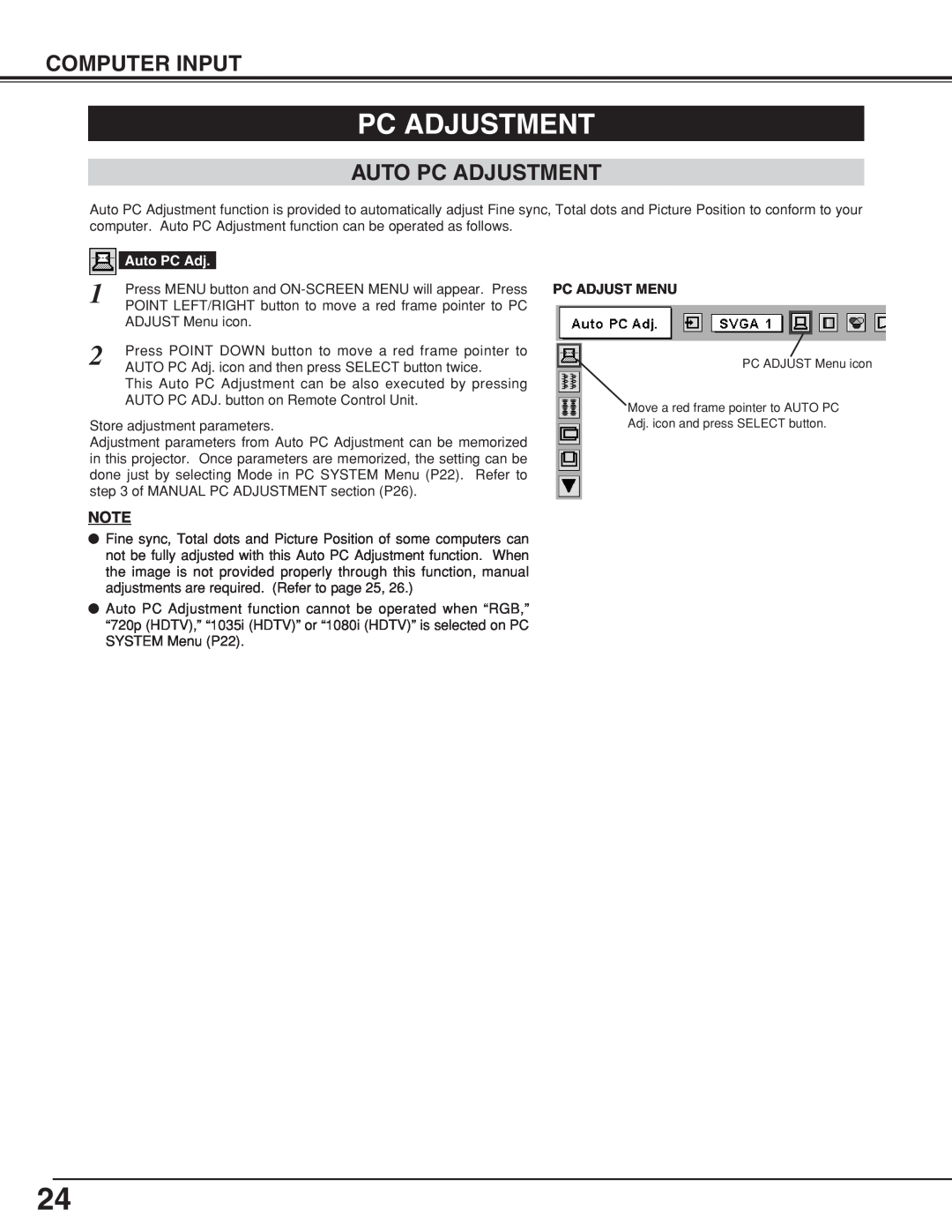 BOXLIGHT CP-18t manual Auto Pc Adjustment, Computer Input, Pc Adjust Menu 