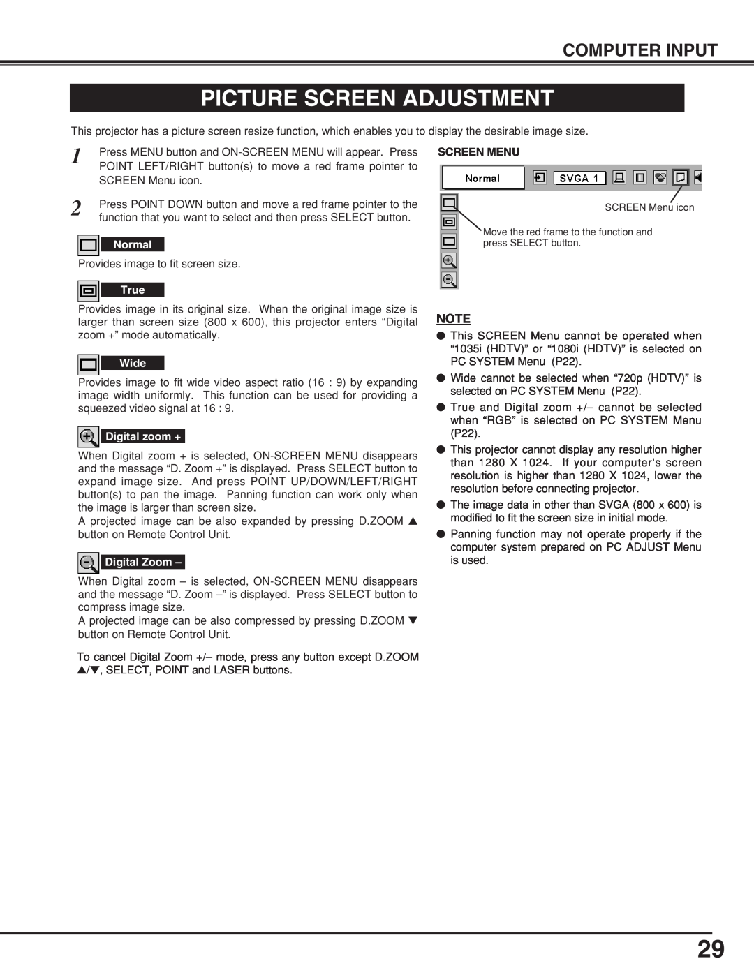 BOXLIGHT CP-18t manual Picture Screen Adjustment, Computer Input, Screen Menu 