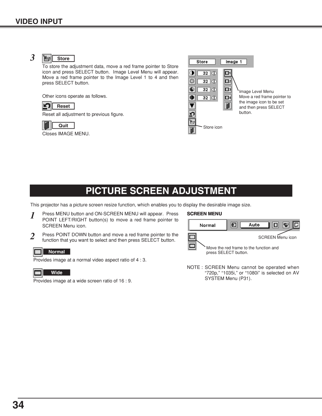 BOXLIGHT CP-18t manual Picture Screen Adjustment, Video Input, Store, Reset, Quit, Screen Menu 