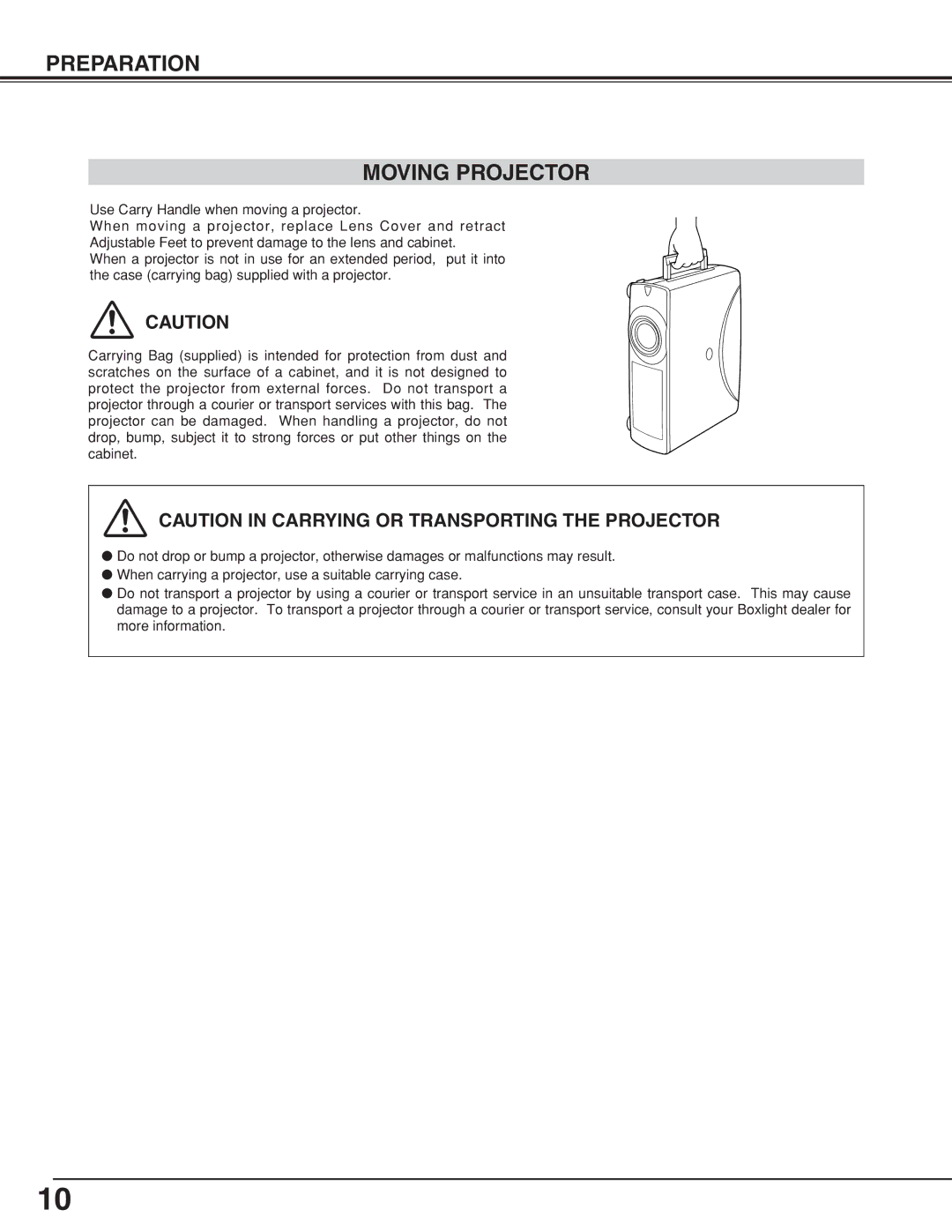 BOXLIGHT CP-19t manual Preparation Moving Projector 