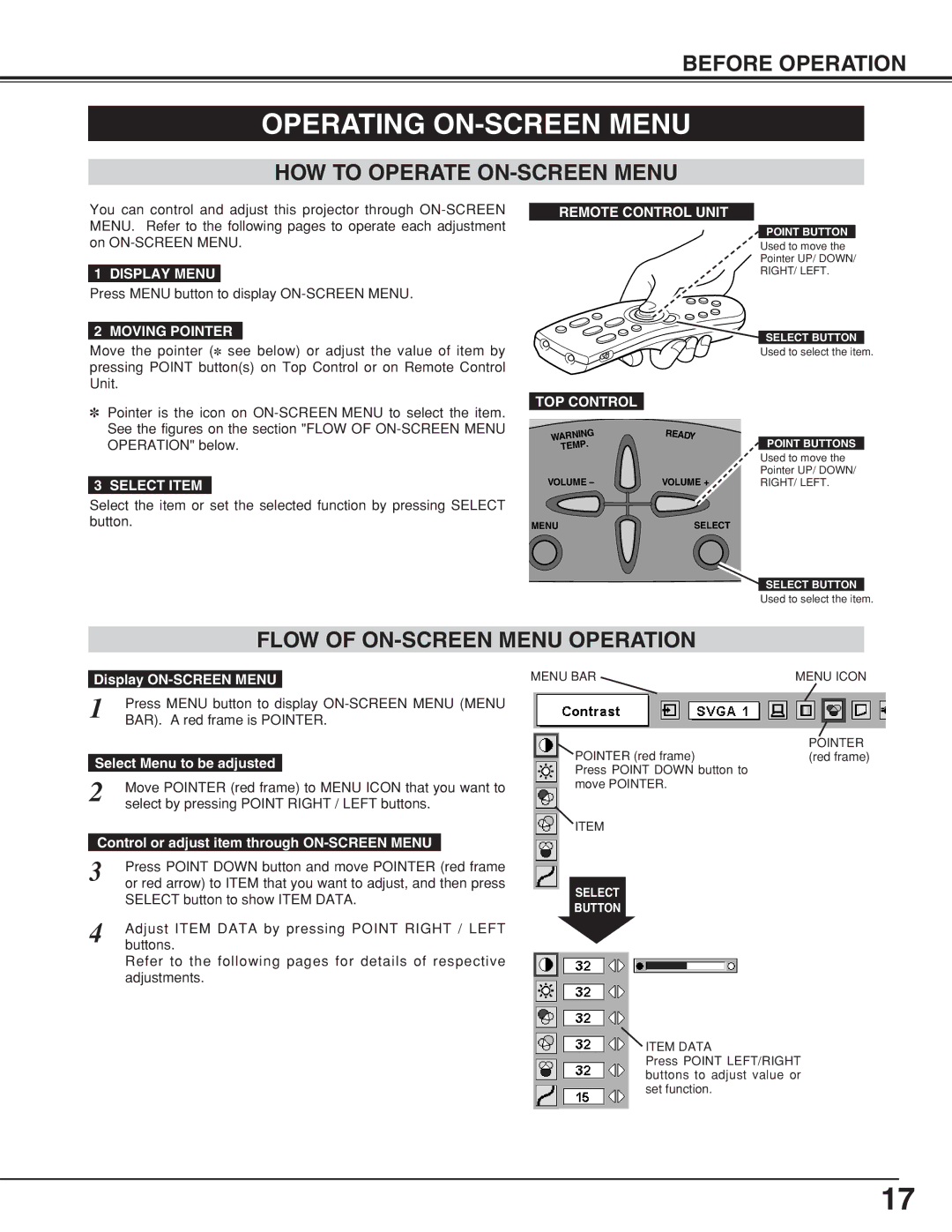 BOXLIGHT CP-19t manual Operating ON-SCREEN Menu, HOW to Operate ON-SCREEN Menu, Flow of ON-SCREEN Menu Operation 