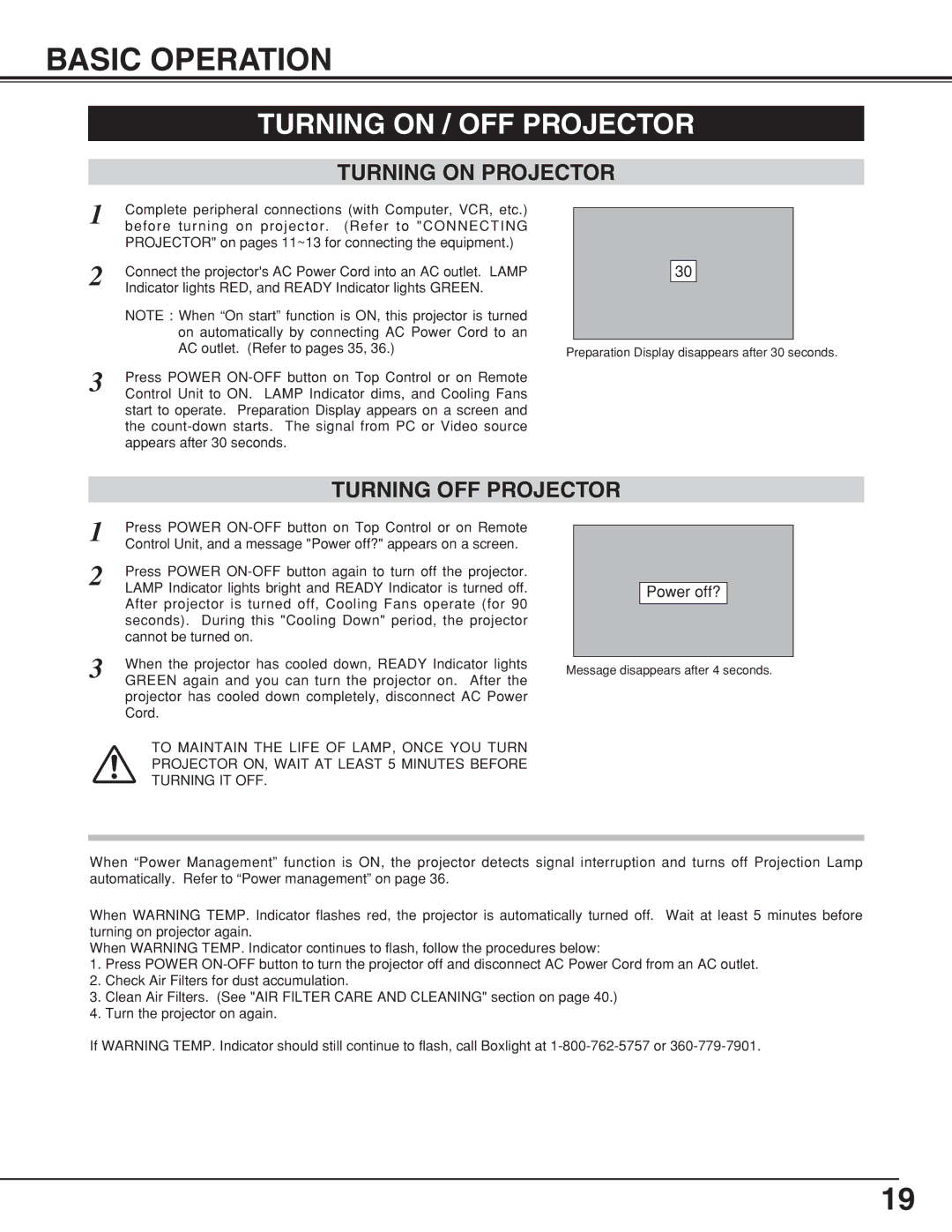 BOXLIGHT CP-19t manual Basic Operation, Turning on / OFF Projector, Turning on Projector, Turning OFF Projector 