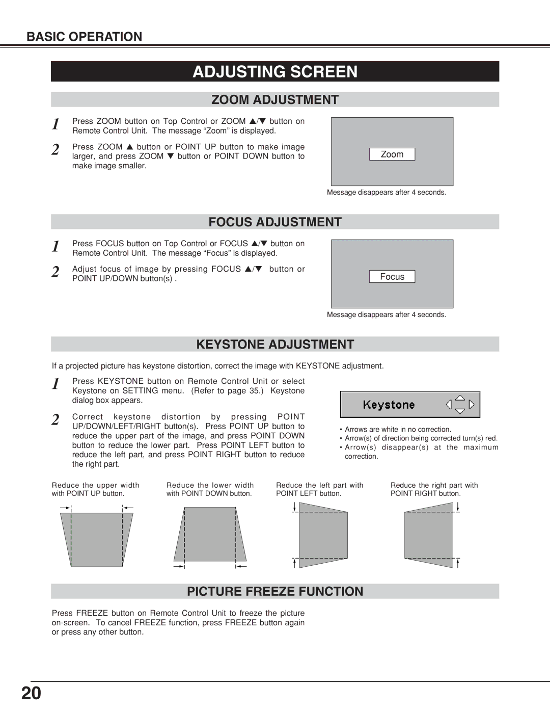 BOXLIGHT CP-19t manual Adjusting Screen, Zoom Adjustment, Keystone Adjustment, Picture Freeze Function 