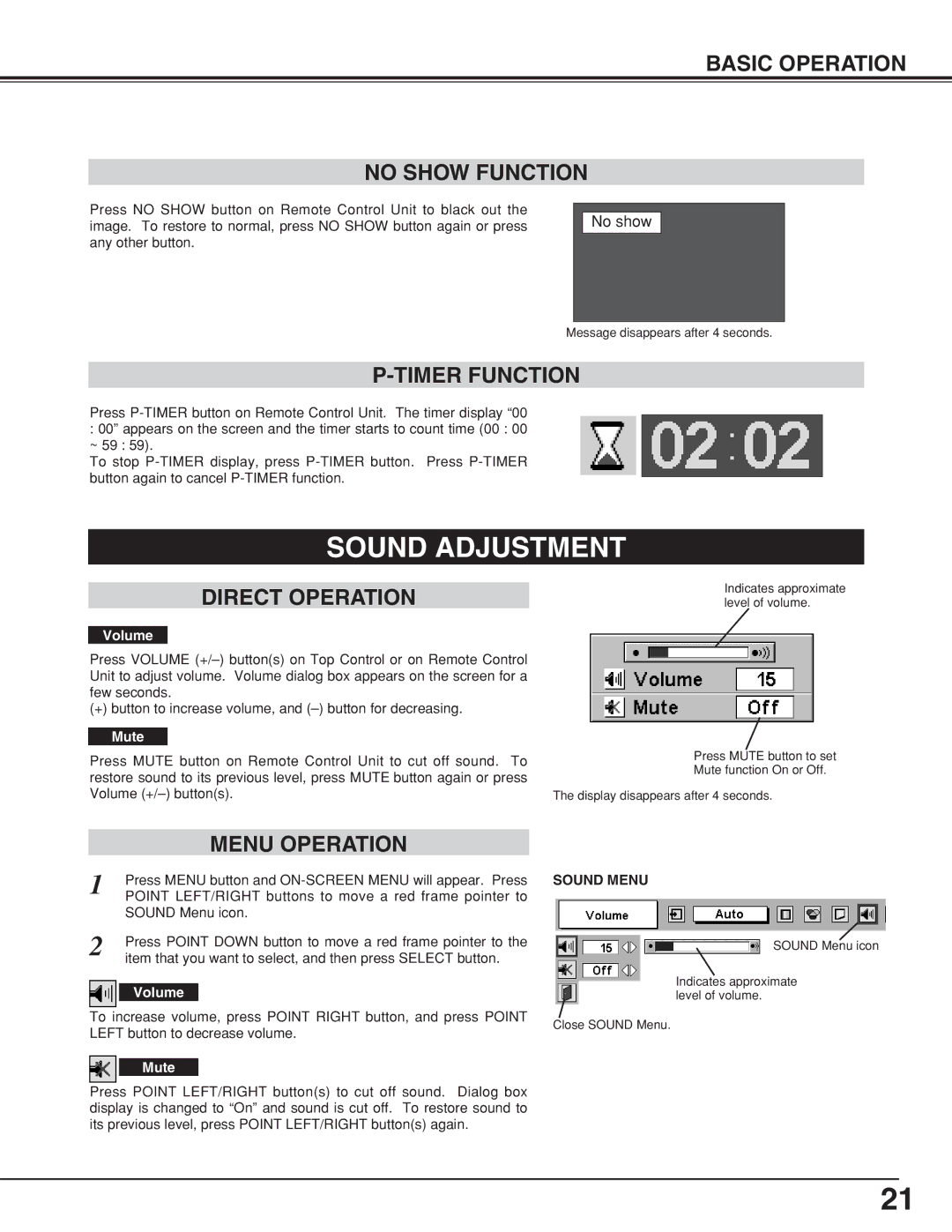 BOXLIGHT CP-19t manual Sound Adjustment, Basic Operation No Show Function, Timer Function, Direct Operation, Menu Operation 