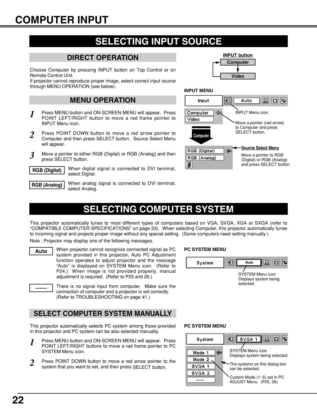 BOXLIGHT CP-19t manual Computer Input, Selecting Input Source, Selecting Computer System, RGB Analog, Auto 