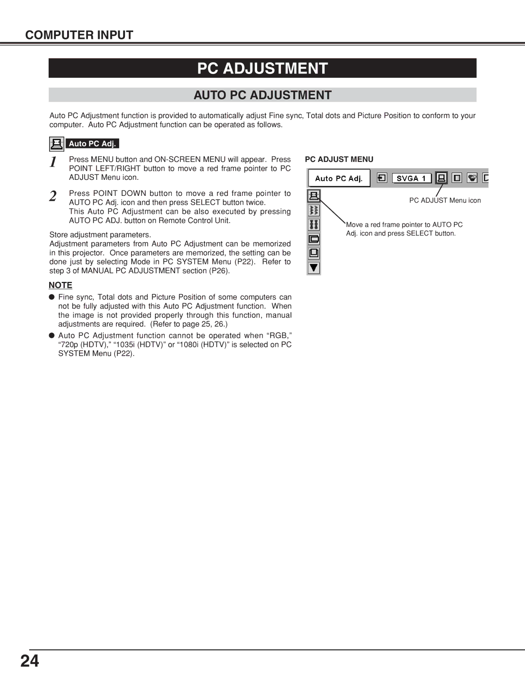 BOXLIGHT CP-19t manual Auto PC Adjustment, PC Adjust Menu 