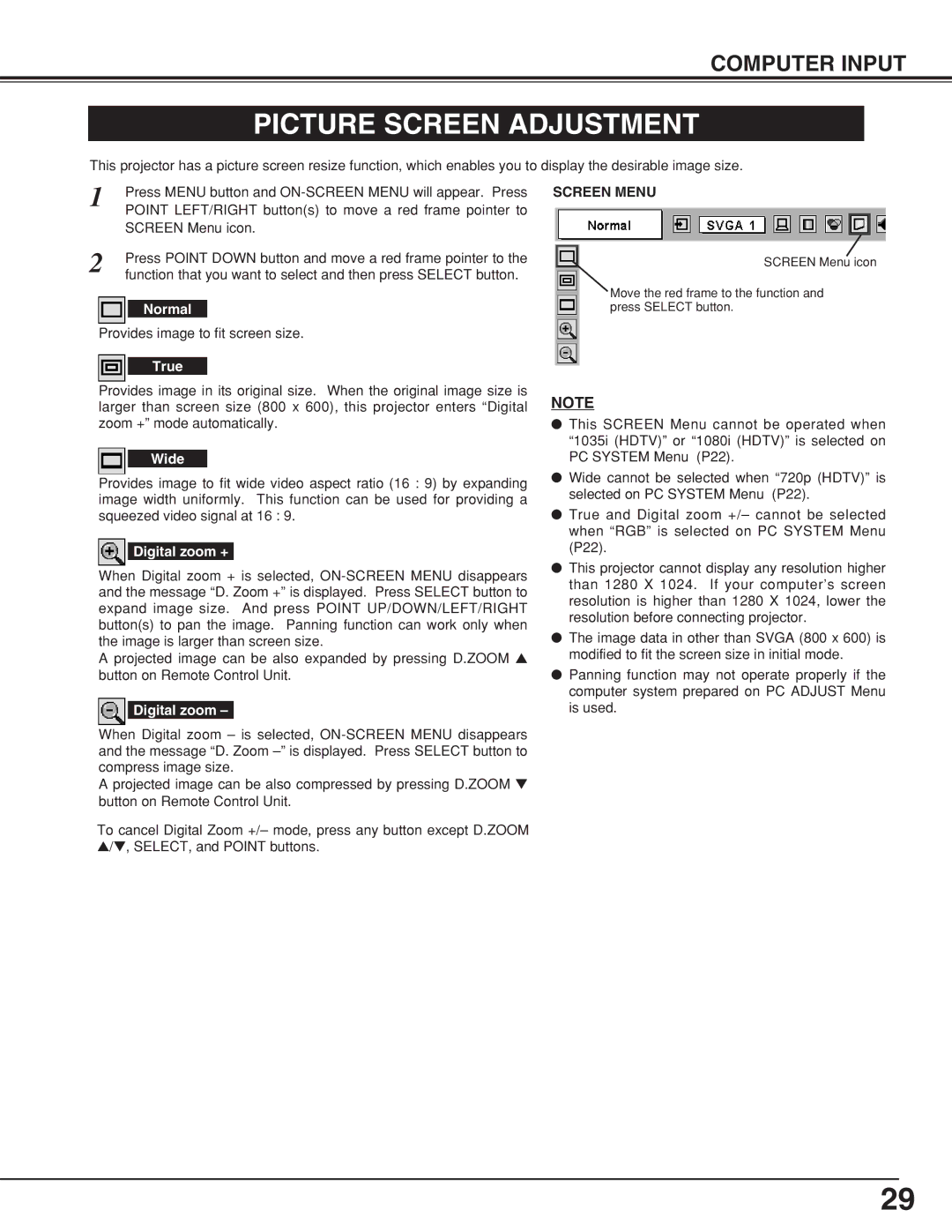 BOXLIGHT CP-19t manual Picture Screen Adjustment, Screen Menu 