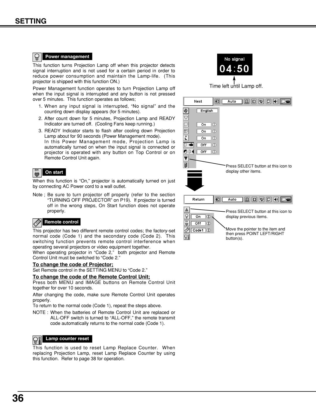 BOXLIGHT CP-19t manual To change the code of Projector, To change the code of the Remote Control Unit 