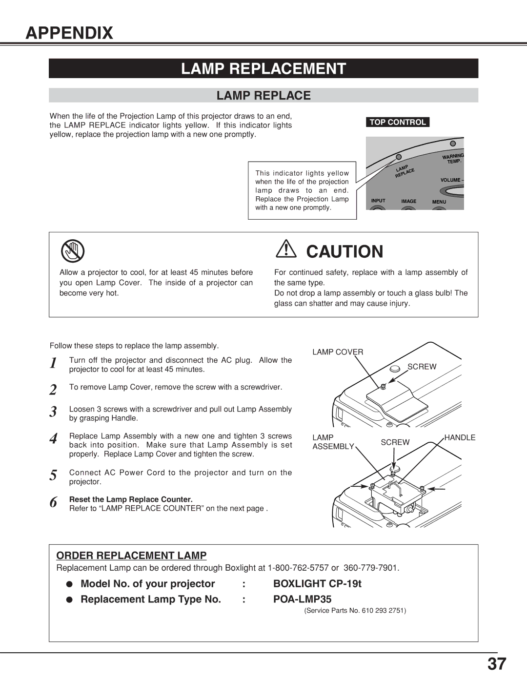 BOXLIGHT CP-19t manual Appendix, Lamp Replacement 