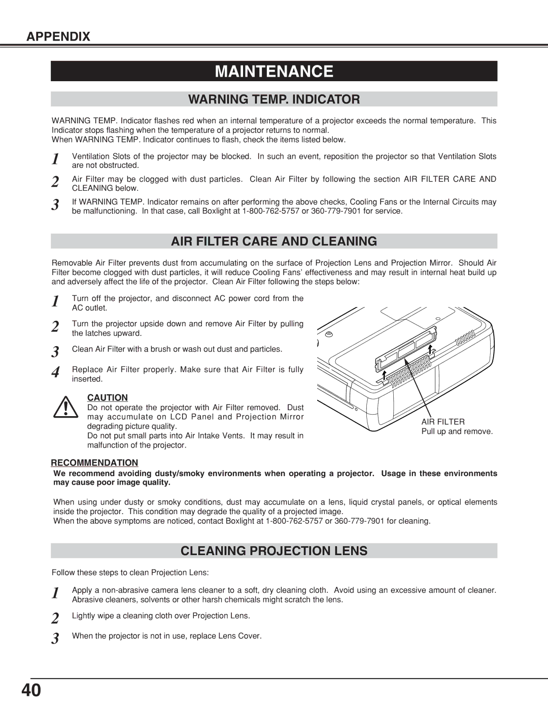 BOXLIGHT CP-19t manual Maintenance, AIR Filter Care and Cleaning, Cleaning Projection Lens, Recommendation 