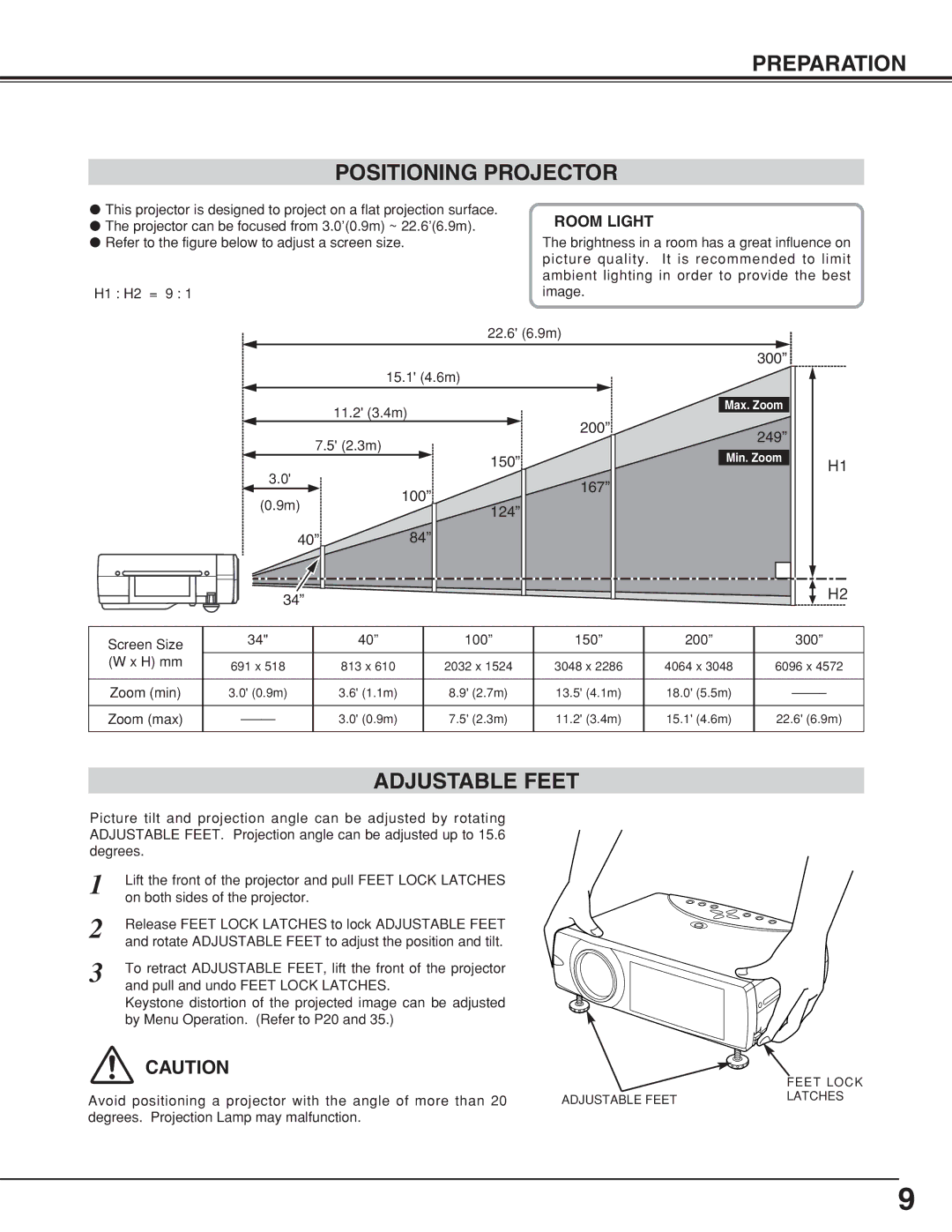 BOXLIGHT CP-19t manual Preparation Positioning Projector, Adjustable Feet, Room Light 