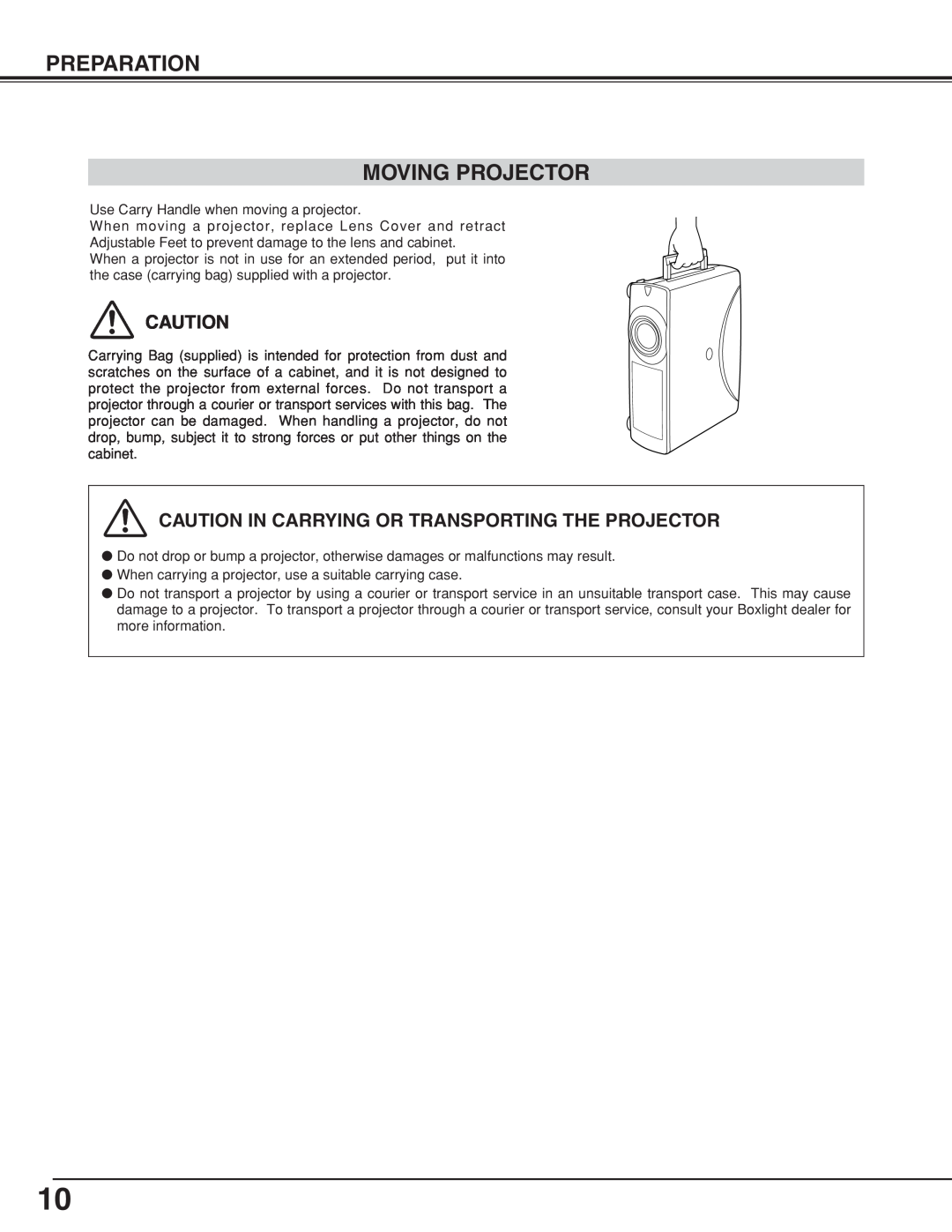 BOXLIGHT CP-19t manual Preparation Moving Projector, Caution In Carrying Or Transporting The Projector 