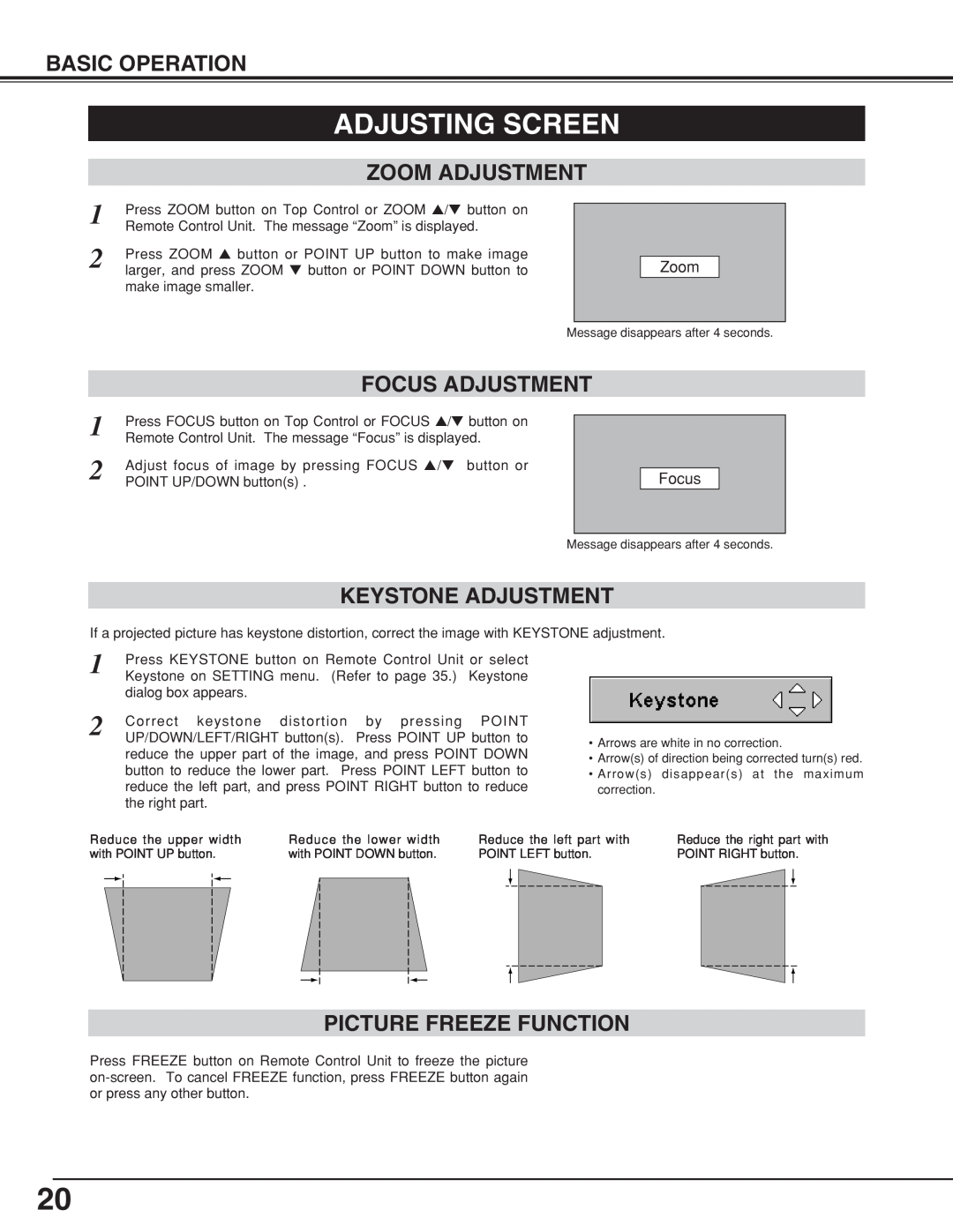 BOXLIGHT CP-19t manual Adjusting Screen, Zoom Adjustment, Keystone Adjustment, Picture Freeze Function, Focus Adjustment 
