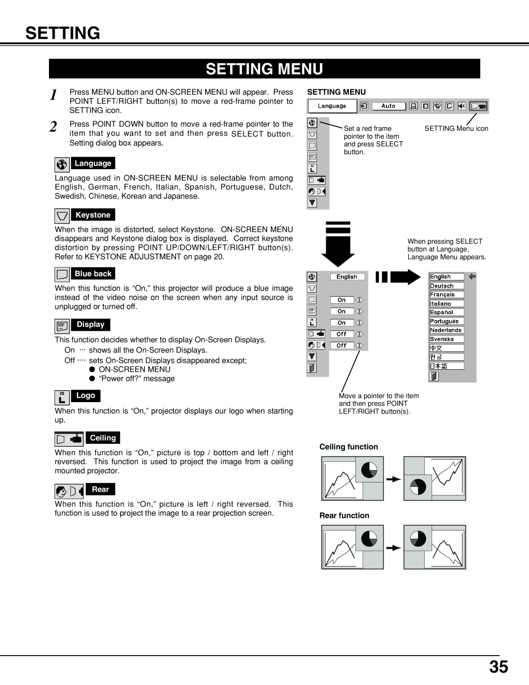 BOXLIGHT CP-19t manual Setting Menu, Language, Keystone, Blue back, Display, Logo, Ceiling, Rear 
