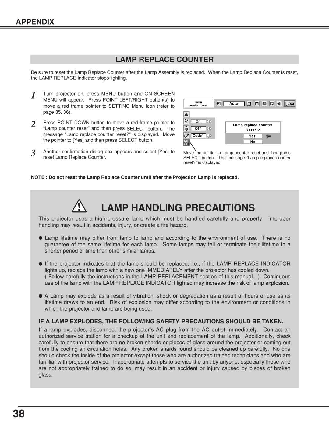 BOXLIGHT CP-19t manual Appendix Lamp Replace Counter, Lamp Handling Precautions 