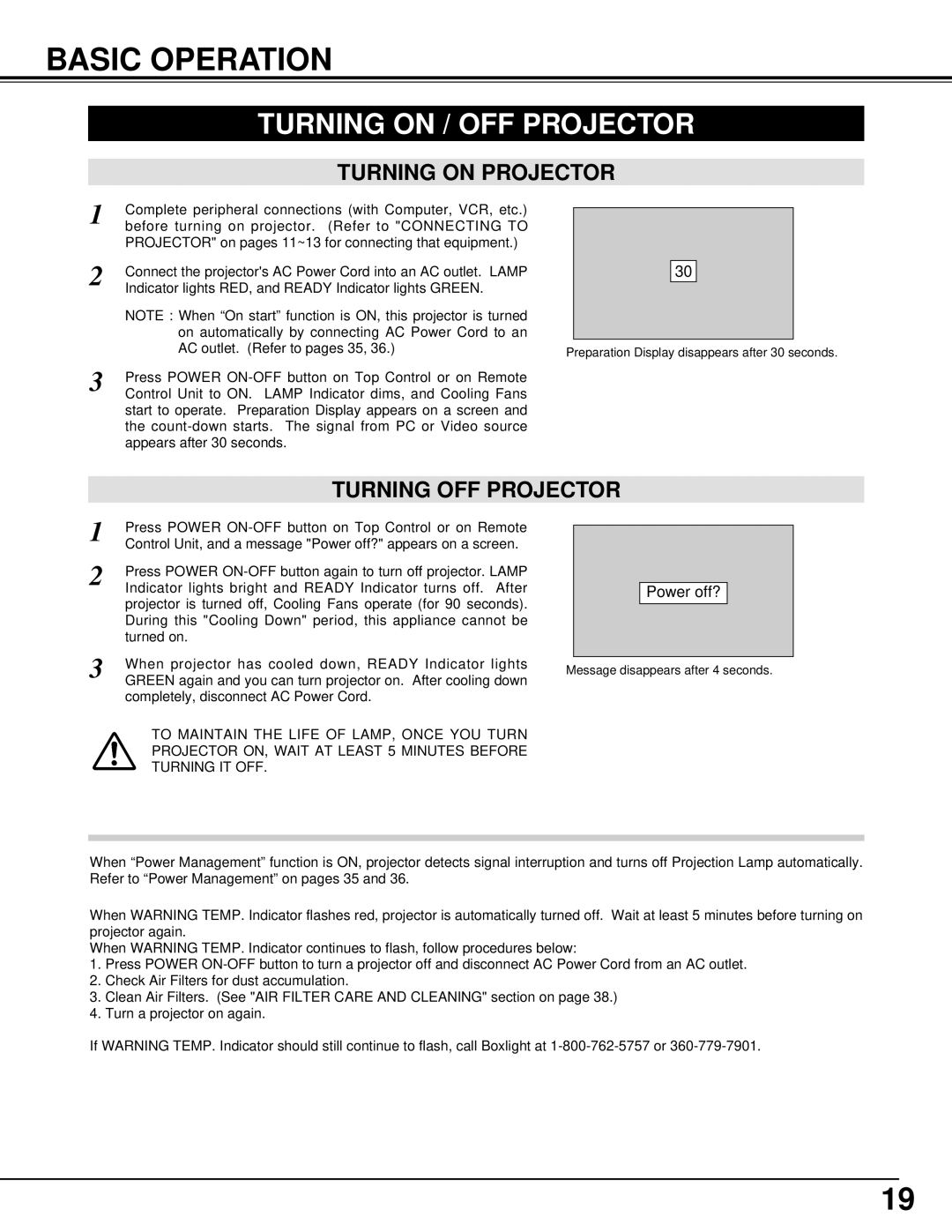 BOXLIGHT CP-300T manual Basic Operation, Turning on / OFF Projector, Turning on Projector, Turning OFF Projector 