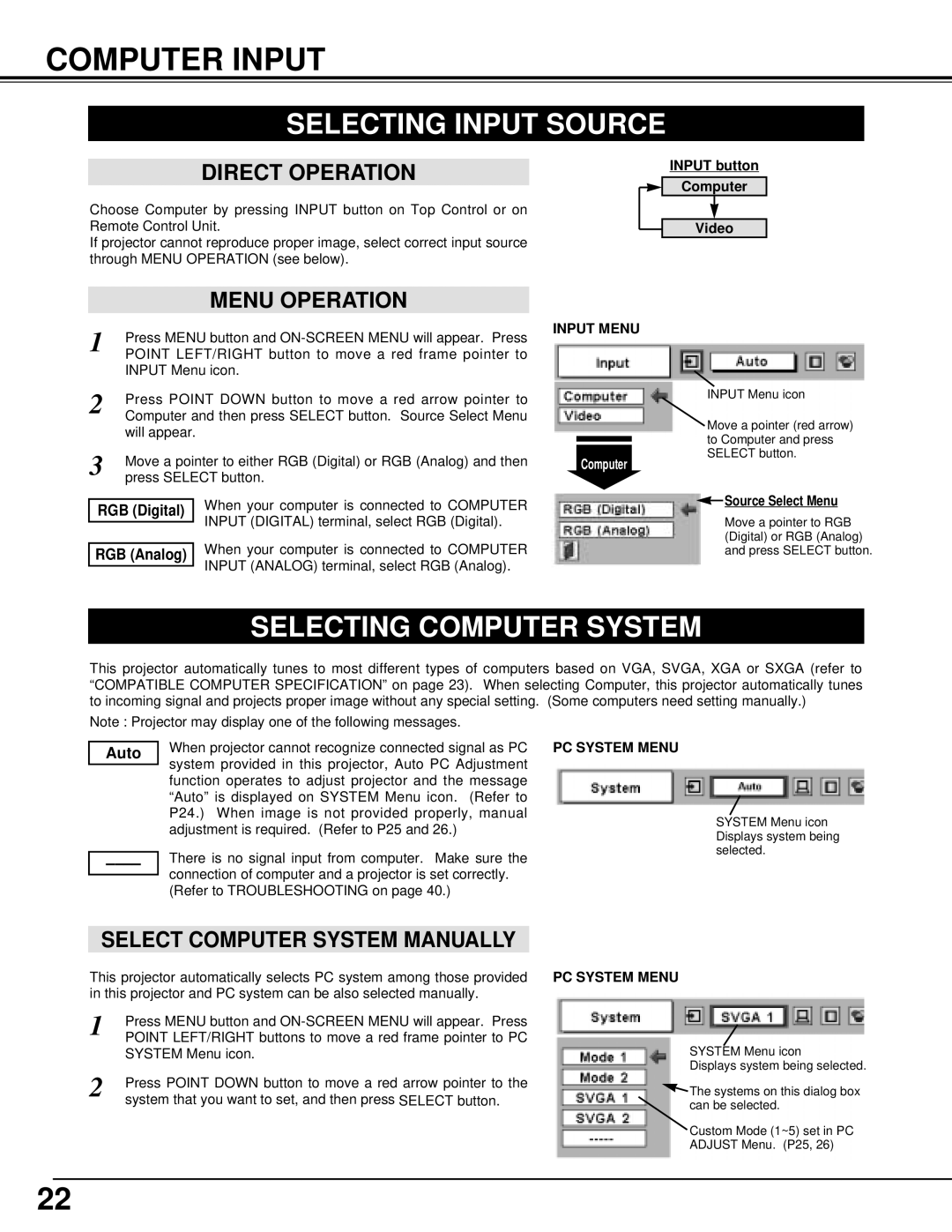 BOXLIGHT CP-300T manual Computer Input, Selecting Input Source, Selecting Computer System, Auto 