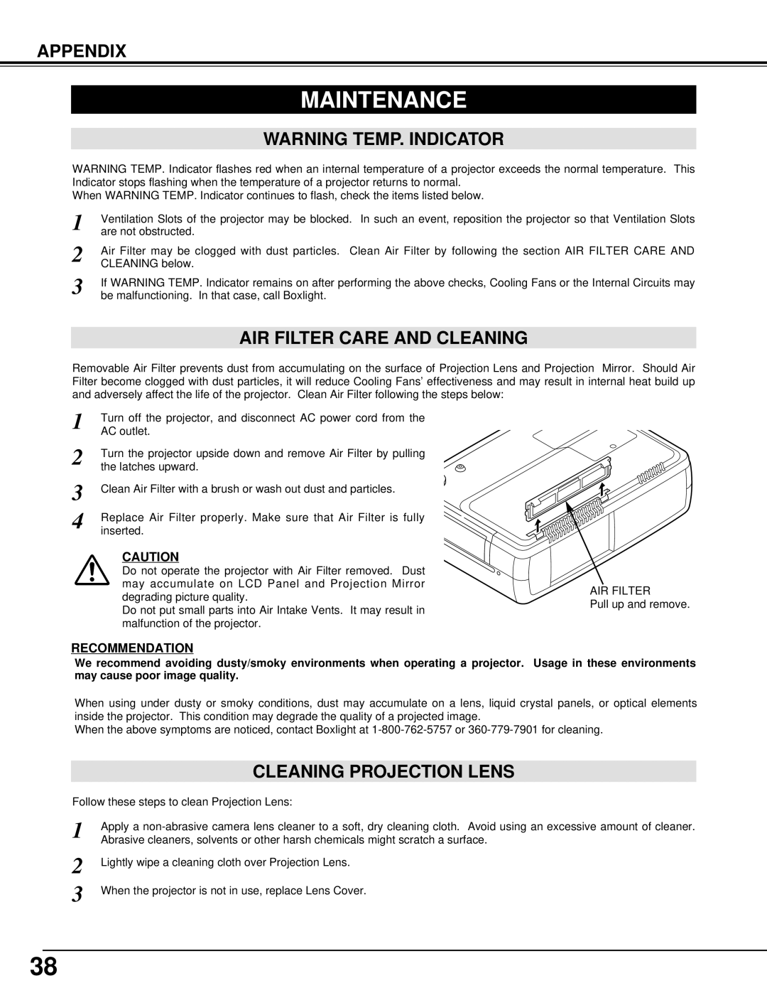 BOXLIGHT CP-300T manual Maintenance, AIR Filter Care and Cleaning, Cleaning Projection Lens 