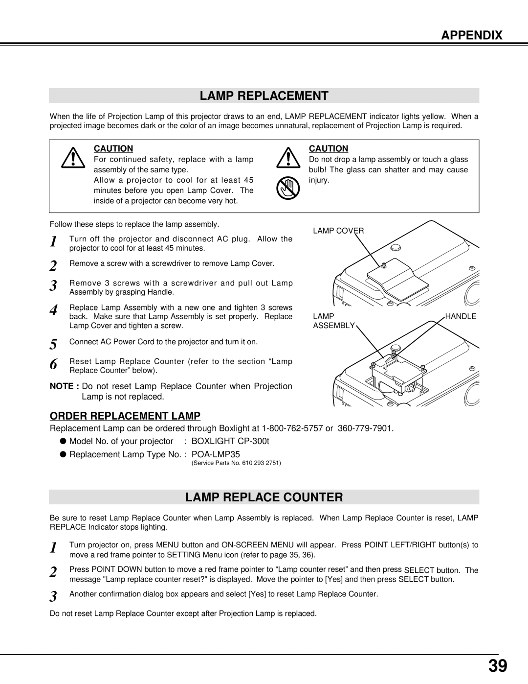 BOXLIGHT CP-300T manual Appendix Lamp Replacement, Lamp Replace Counter 