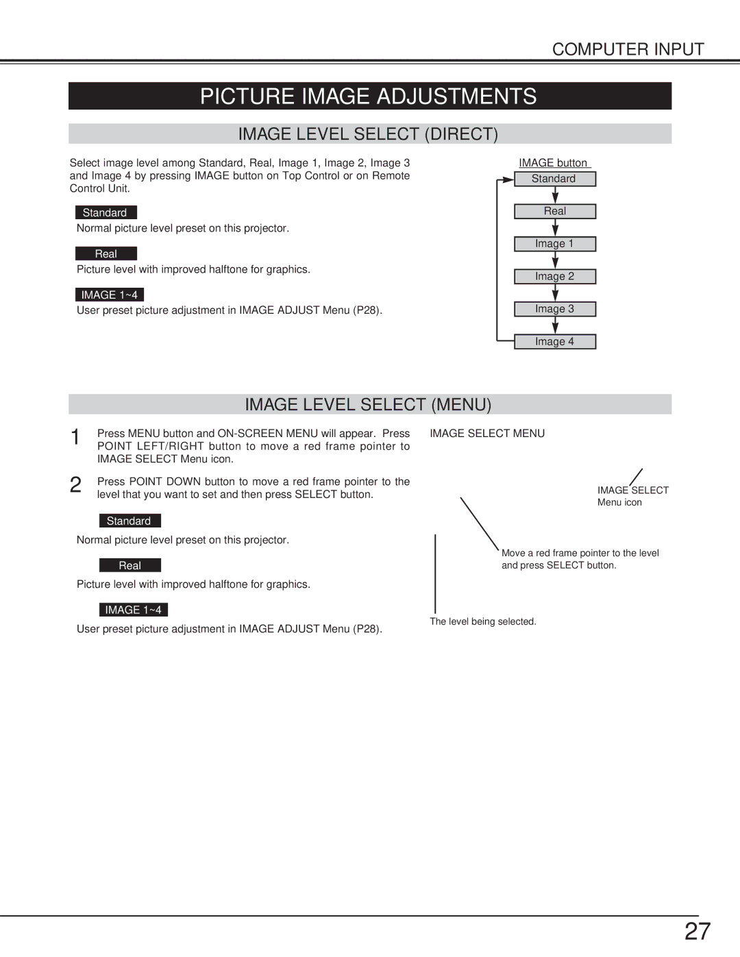 BOXLIGHT cp-305t manual Picture Image Adjustments, Image Level Select Direct, Image Level Select Menu, Image Select Menu 