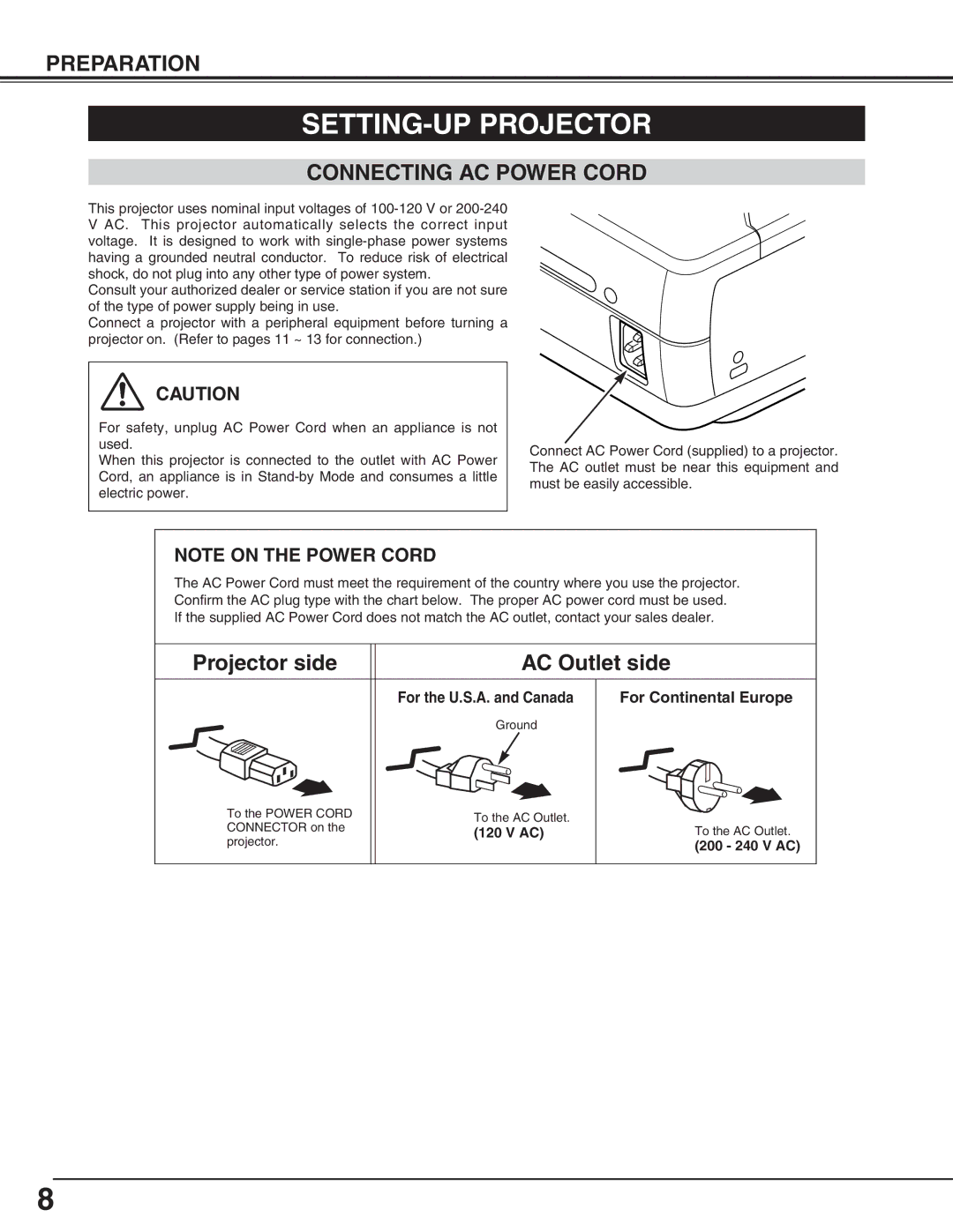 BOXLIGHT cp-305t manual SETTING-UP Projector, Connecting AC Power Cord, For Continental Europe 