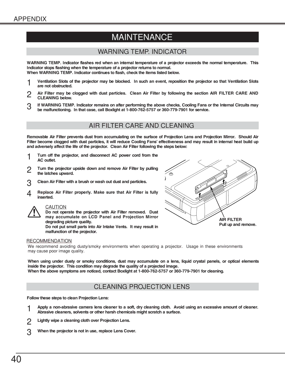 BOXLIGHT CP-306t manual Maintenance, AIR Filter Care and Cleaning, Cleaning Projection Lens 