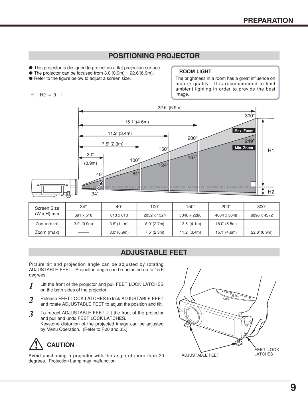 BOXLIGHT CP-306t manual Preparation Positioning Projector, Adjustable Feet 