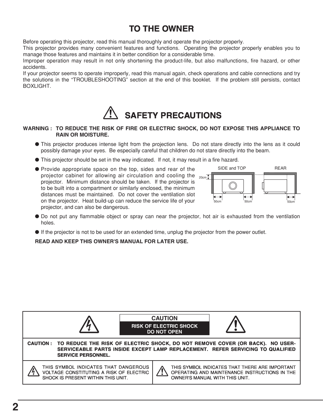 BOXLIGHT CP-306t manual To The Owner, Safety Precautions, Read And Keep This Owners Manual For Later Use 
