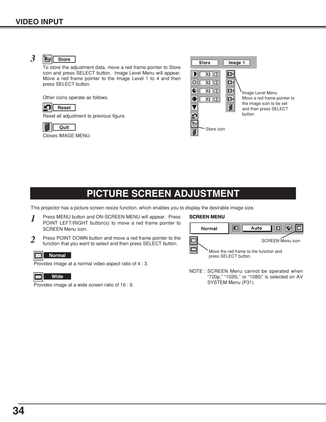 BOXLIGHT CP-306t manual Picture Screen Adjustment, Video Input, Store, Reset, Quit, Normal, Wide, Screen Menu 