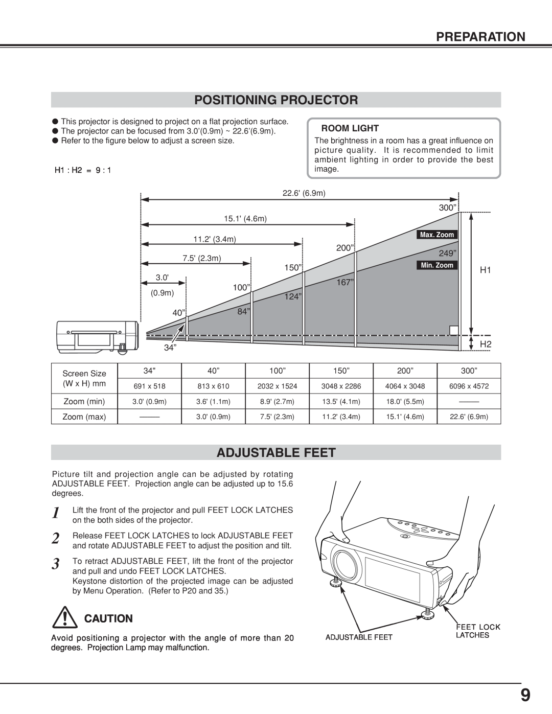 BOXLIGHT CP-306t manual Preparation Positioning Projector, Adjustable Feet, Room Light 
