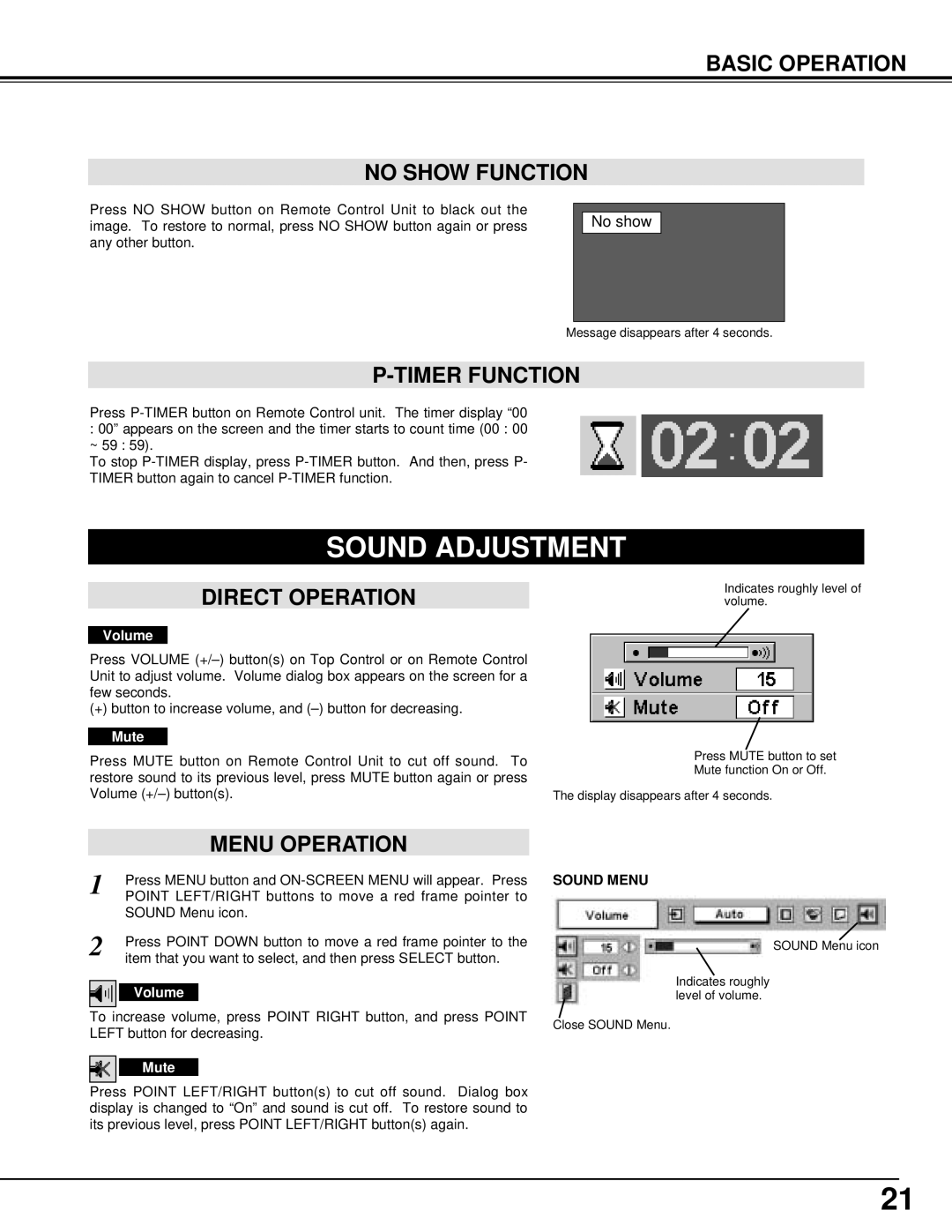 BOXLIGHT CP-310T Sound Adjustment, Basic Operation No Show Function, Timer Function, Direct Operation, Menu Operation 