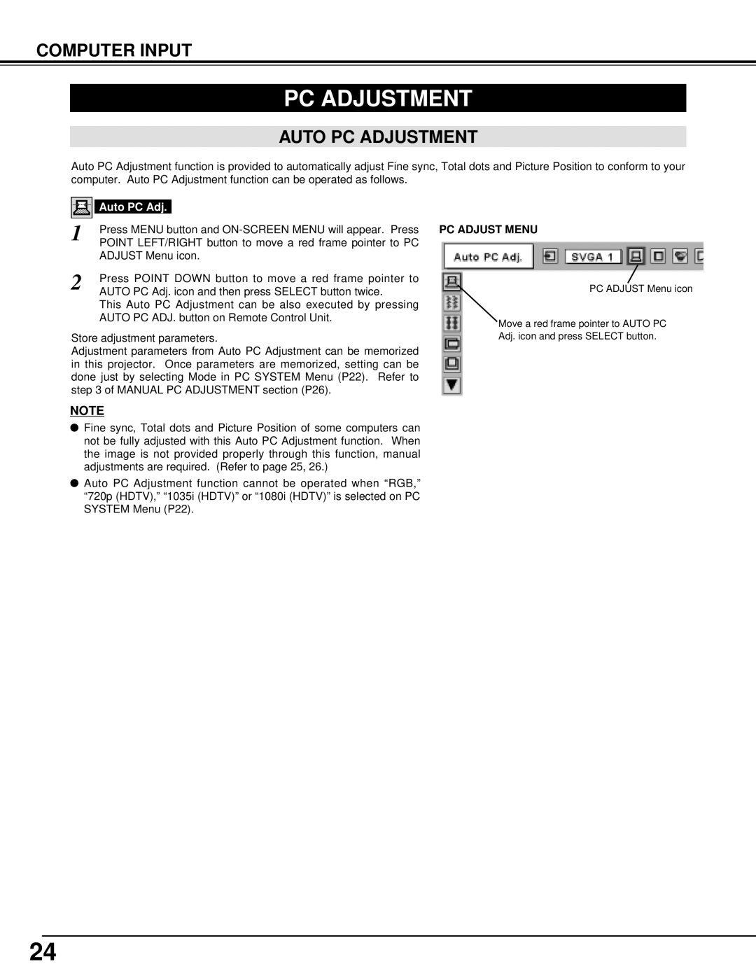 BOXLIGHT CP-310T manual Auto PC Adjustment, PC Adjust Menu 