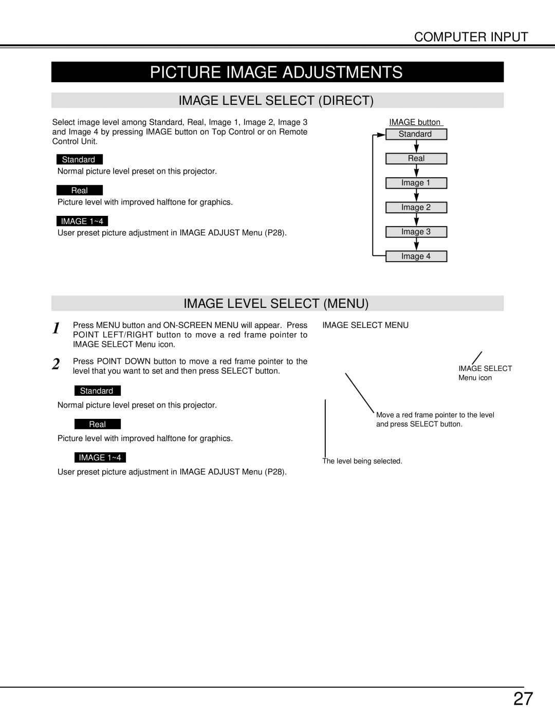 BOXLIGHT CP-310T manual Picture Image Adjustments, Image Level Select Direct, Image Level Select Menu, Image 1~4 