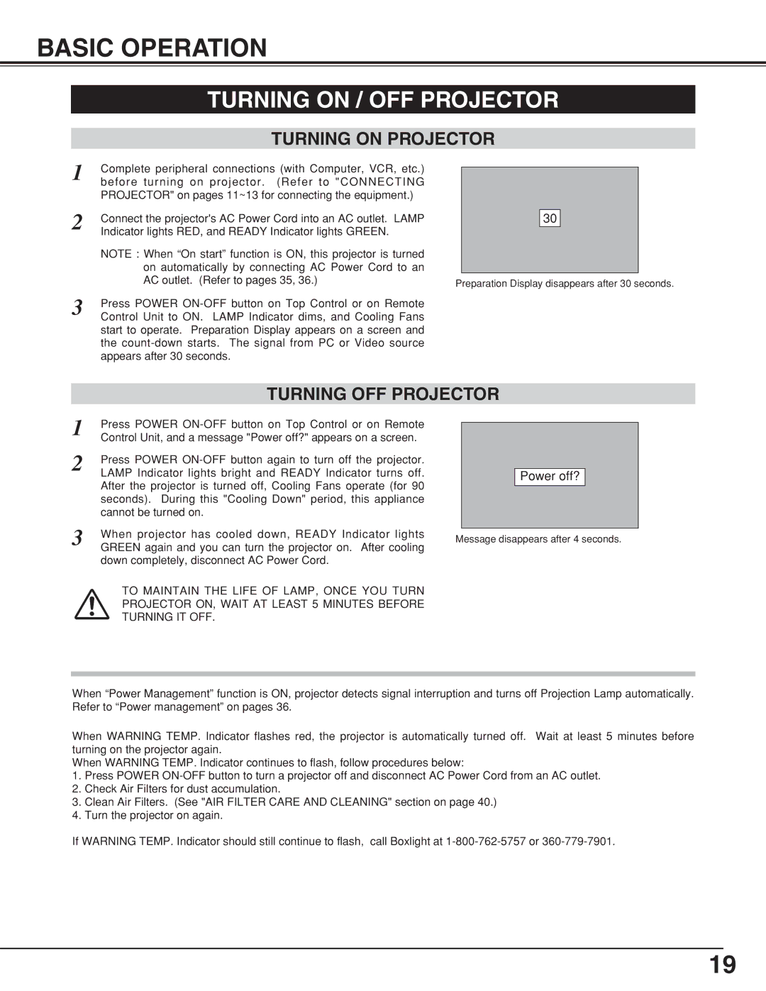 BOXLIGHT CP-315T manual Basic Operation, Turning on / OFF Projector, Turning on Projector, Turning OFF Projector 