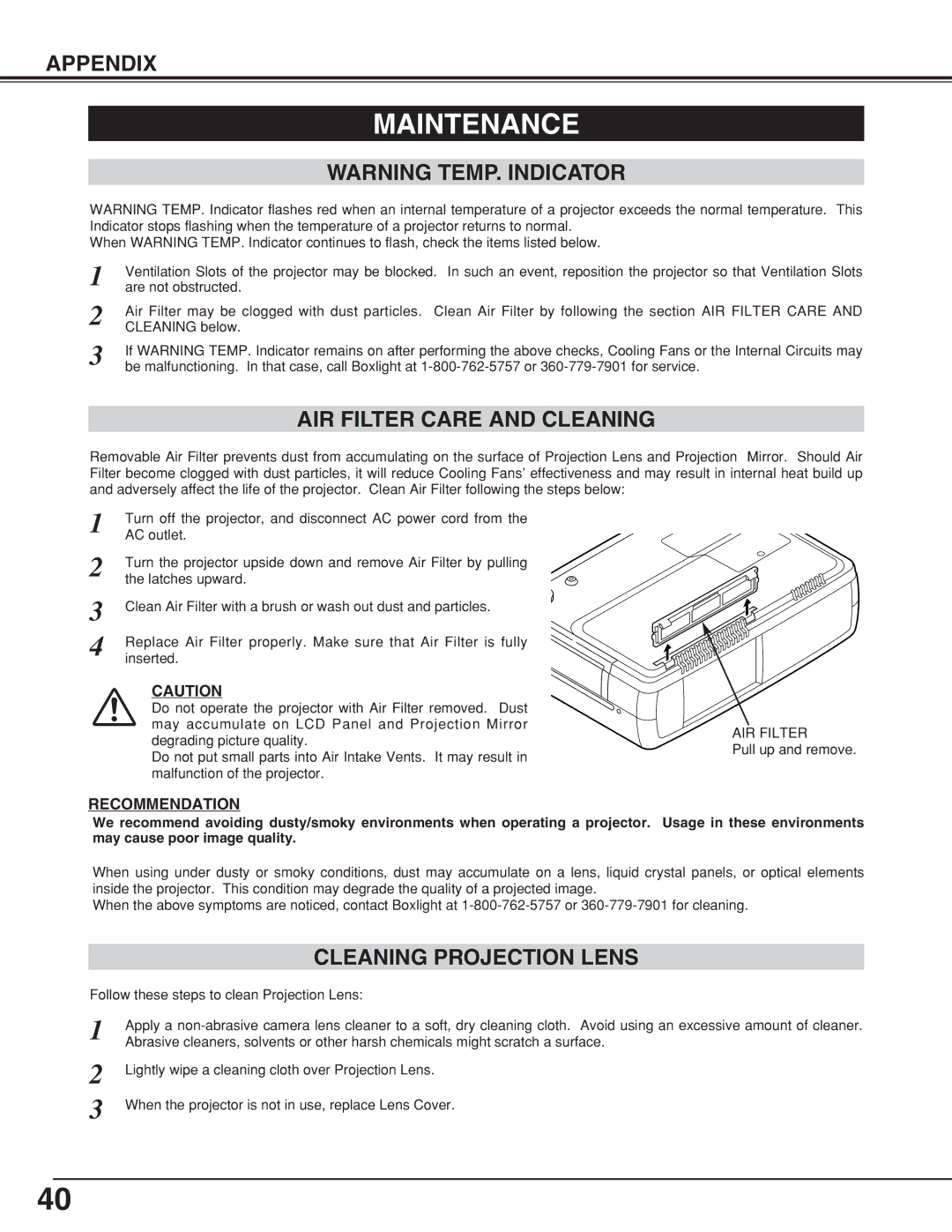 BOXLIGHT CP-315T manual Maintenance, AIR Filter Care and Cleaning, Cleaning Projection Lens 