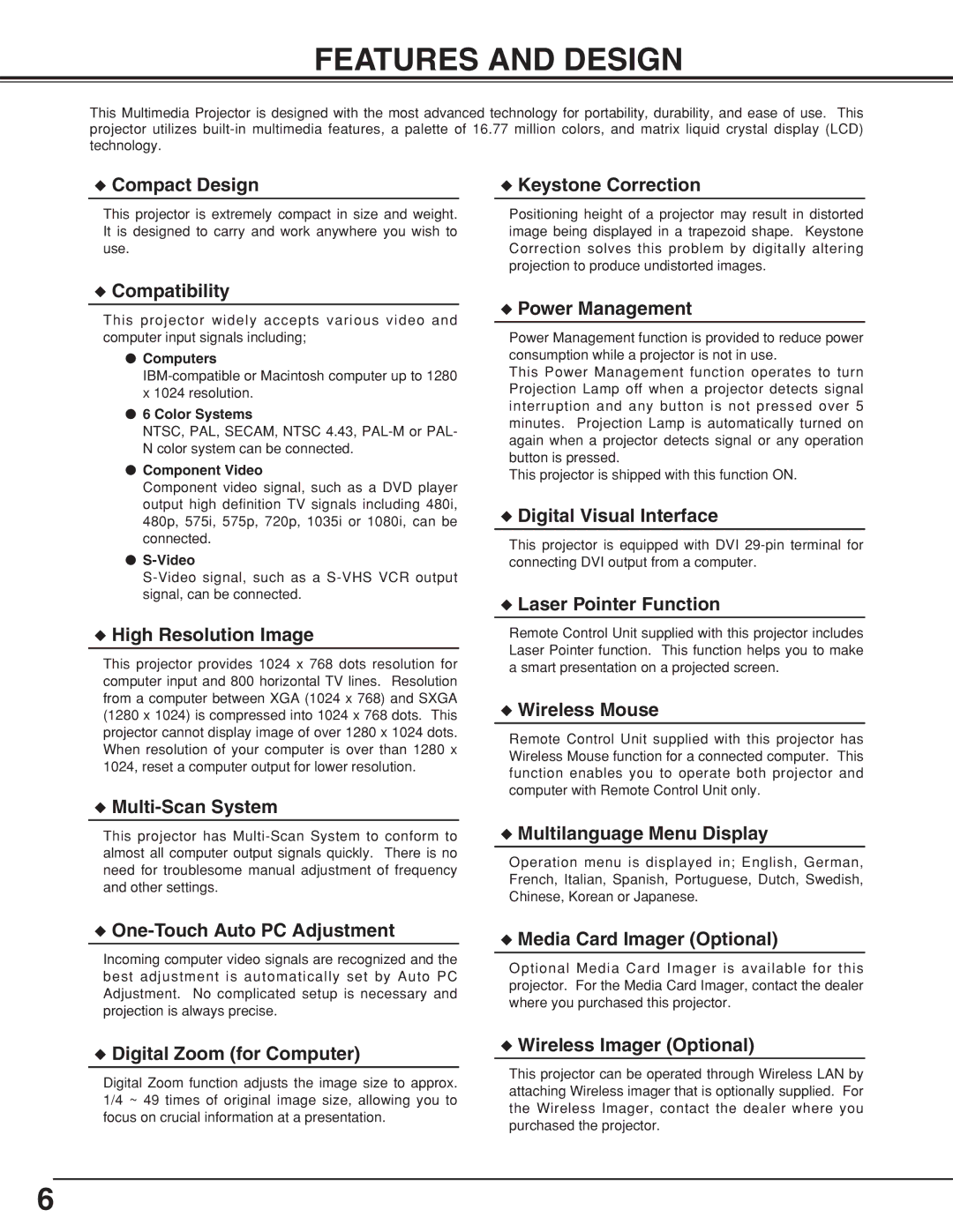 BOXLIGHT CP-315T manual Features and Design, Compact Design Keystone Correction 