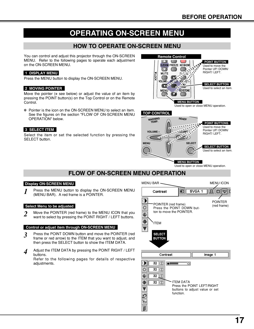 BOXLIGHT CP-320t manual Operating ON-SCREEN Menu, HOW to Operate ON-SCREEN Menu, Flow of ON-SCREEN Menu Operation 