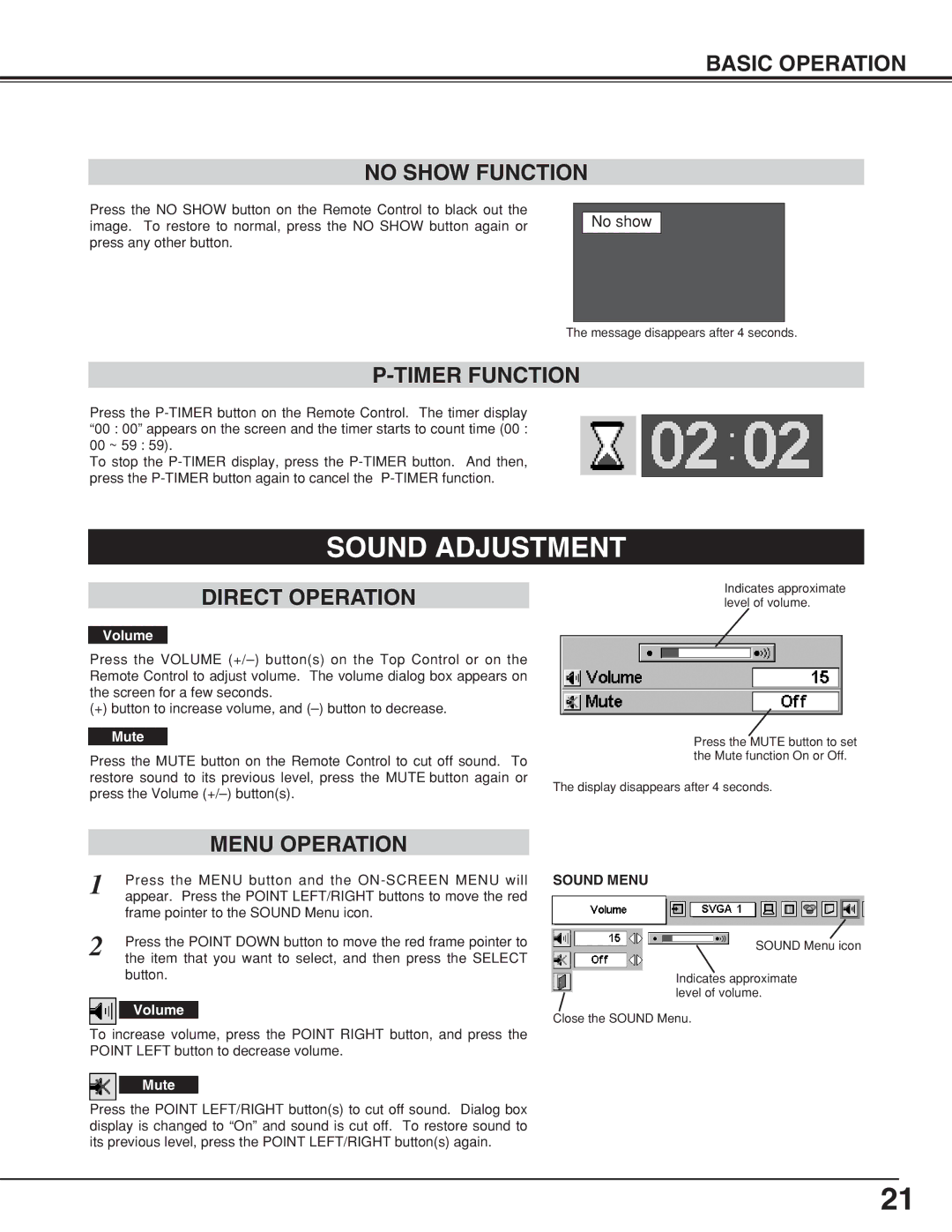 BOXLIGHT CP-320t Sound Adjustment, Basic Operation No Show Function, Timer Function, Direct Operation, Menu Operation 