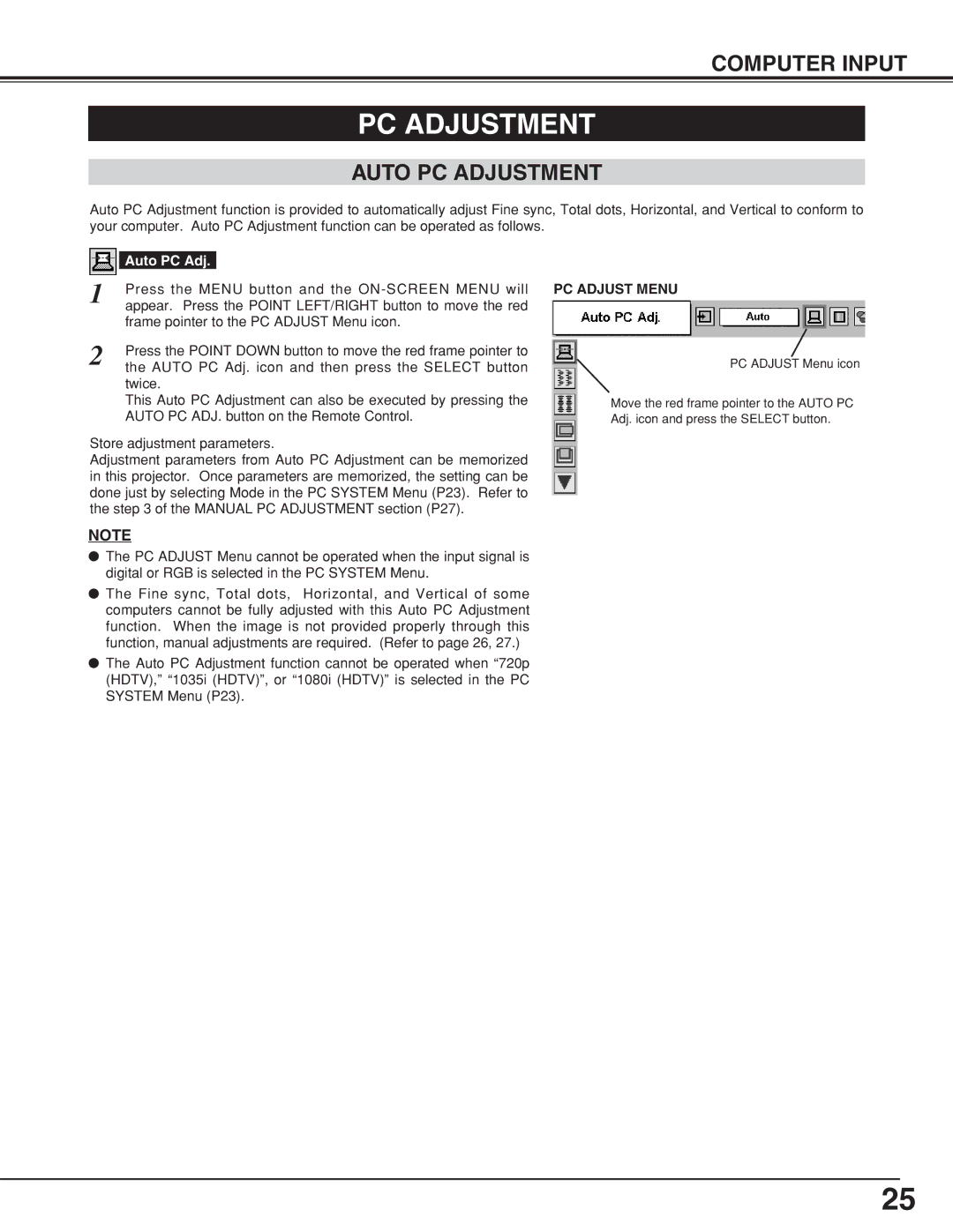 BOXLIGHT CP-320t manual Auto PC Adjustment, PC Adjust Menu 