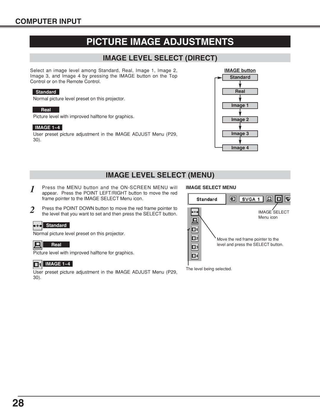 BOXLIGHT CP-320t manual Picture Image Adjustments, Image Level Select Direct, Image Level Select Menu, Image 1~4 