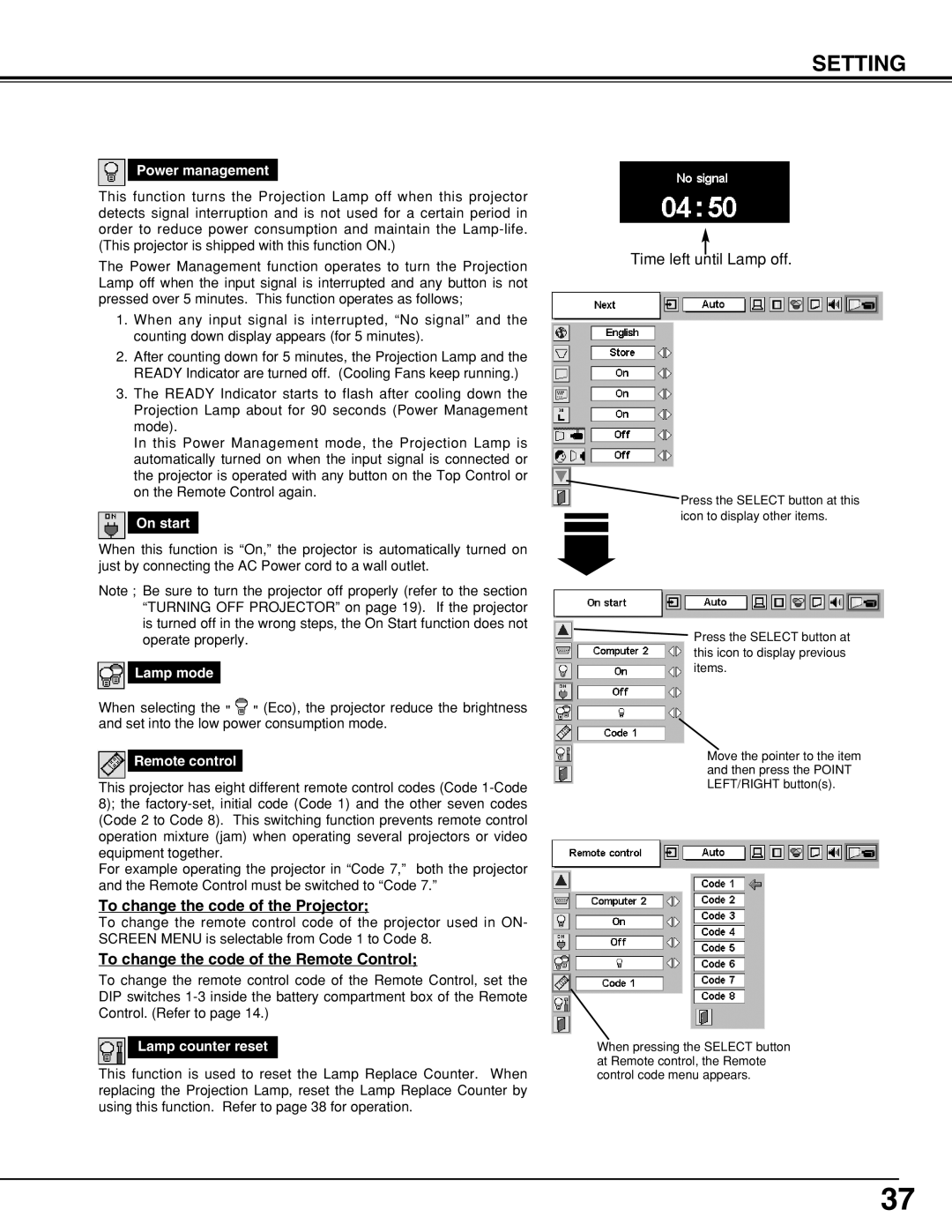 BOXLIGHT CP-320t manual To change the code of the Projector, To change the code of the Remote Control 