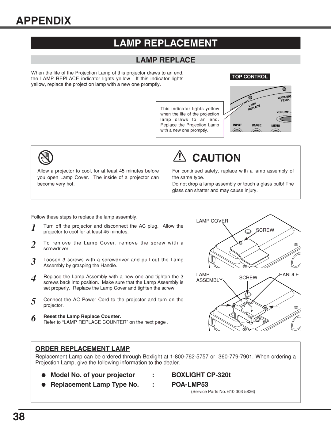 BOXLIGHT CP-320t manual Appendix, Lamp Replacement, Reset the Lamp Replace Counter 