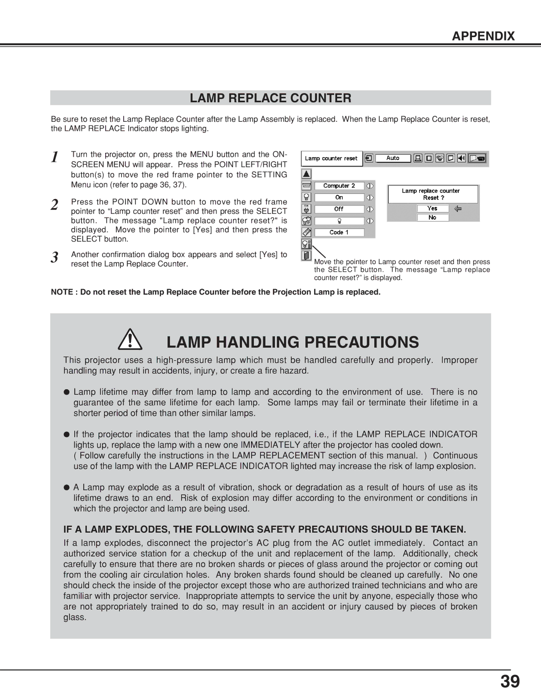 BOXLIGHT CP-320t manual Lamp Handling Precautions, Appendix Lamp Replace Counter 