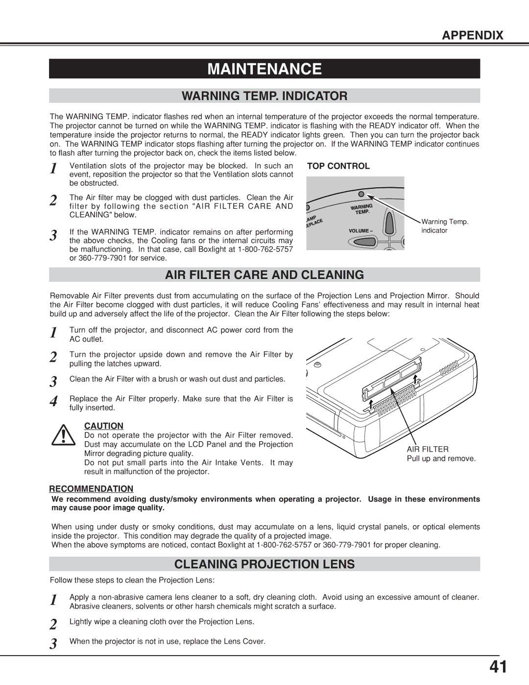 BOXLIGHT CP-320t manual Maintenance, AIR Filter Care and Cleaning, Cleaning Projection Lens, TOP Control, Recommendation 