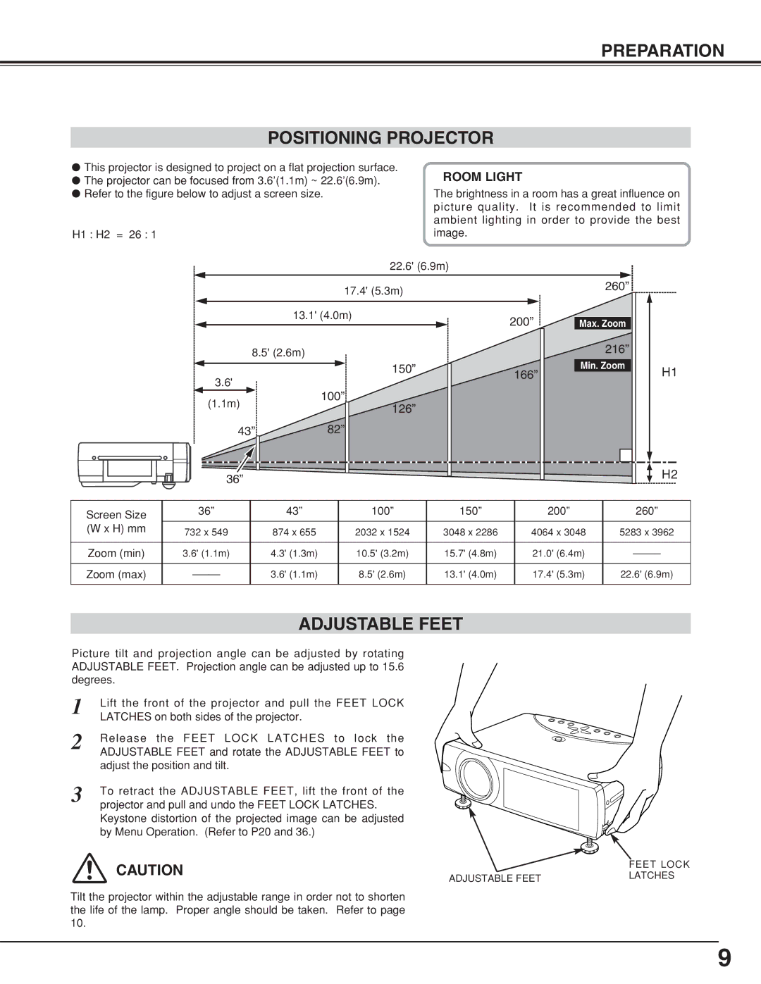 BOXLIGHT CP-320t manual Preparation Positioning Projector, Adjustable Feet, Room Light 